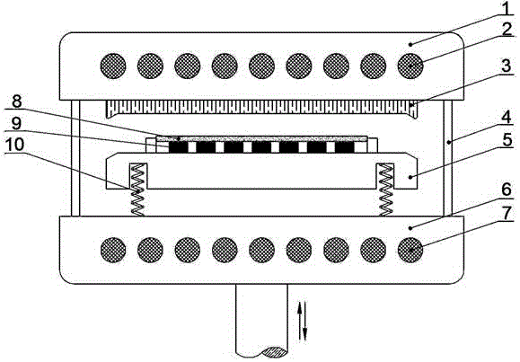 Anti-overheating CSP (chip scale package) fluorescent diaphragm mould pressing device and anti-overheating CSP fluorescent diaphragm mould pressing method