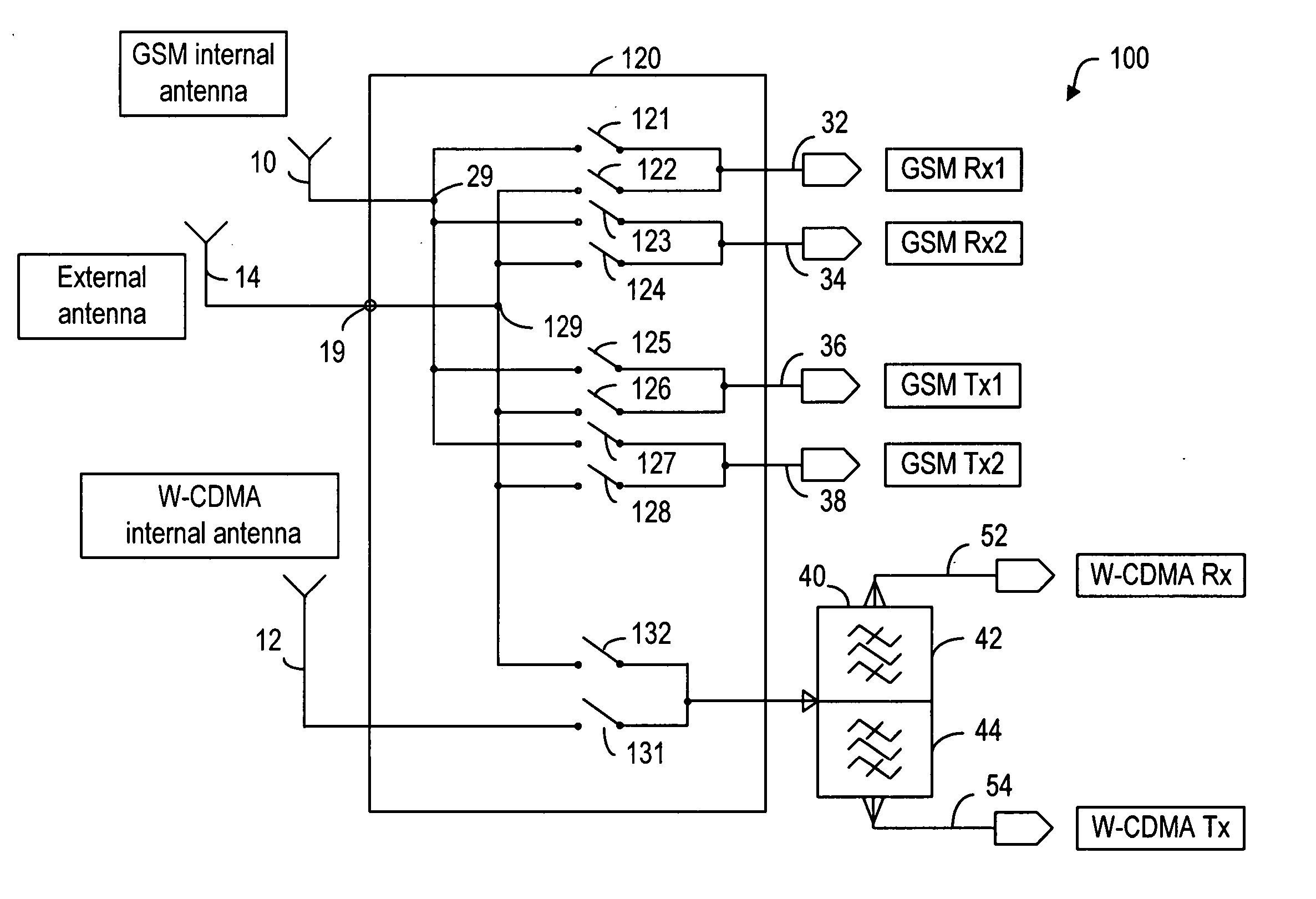 Method and device for selecting between internal and external antennas