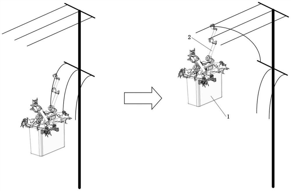 Distribution network hot-line work robot for three-phase line fire connection and pose control method therefor