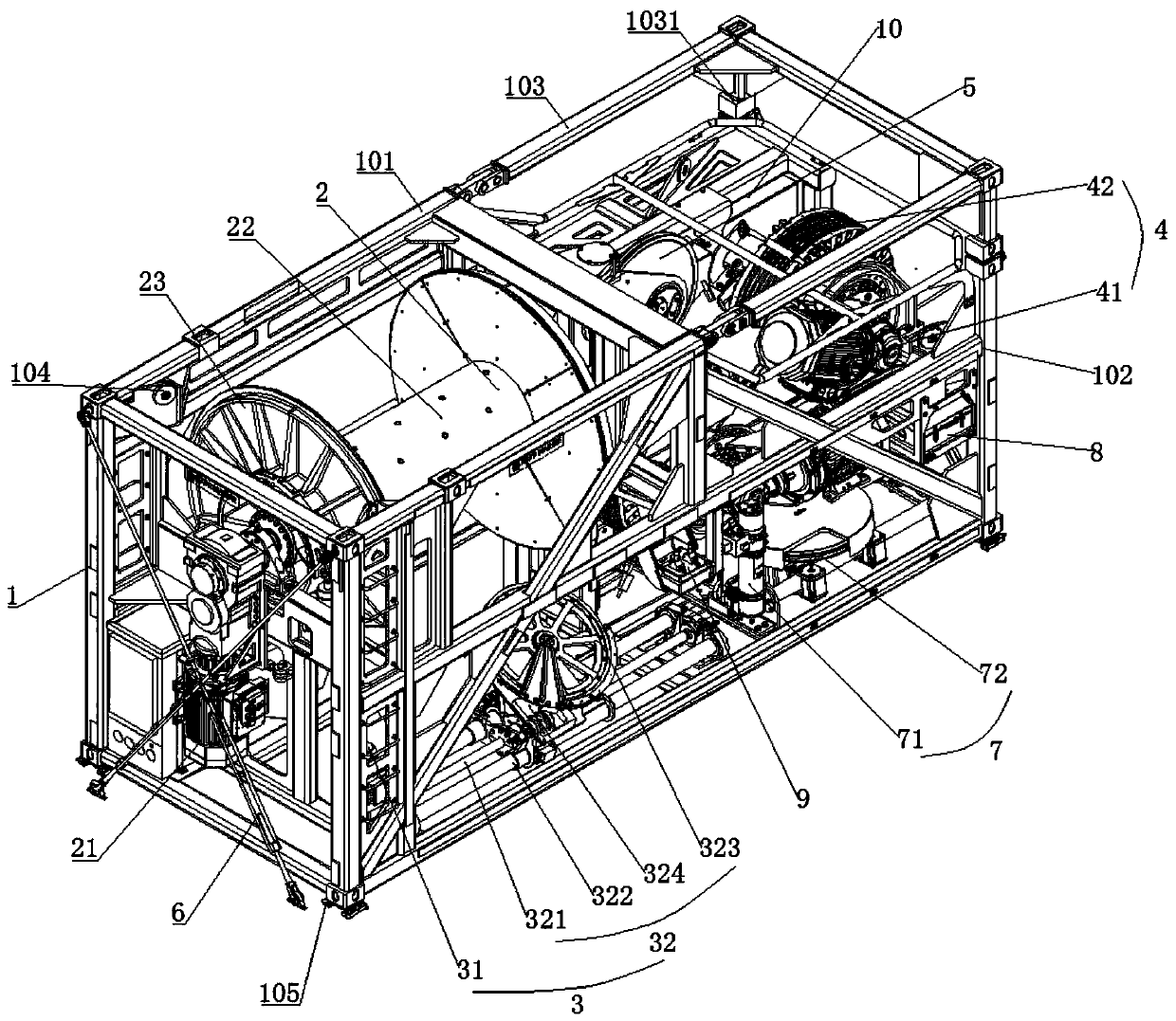 Integrated type traction winch system for container framework