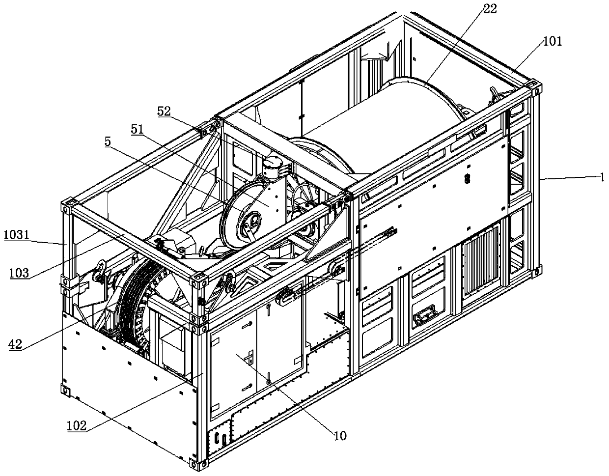 Integrated type traction winch system for container framework