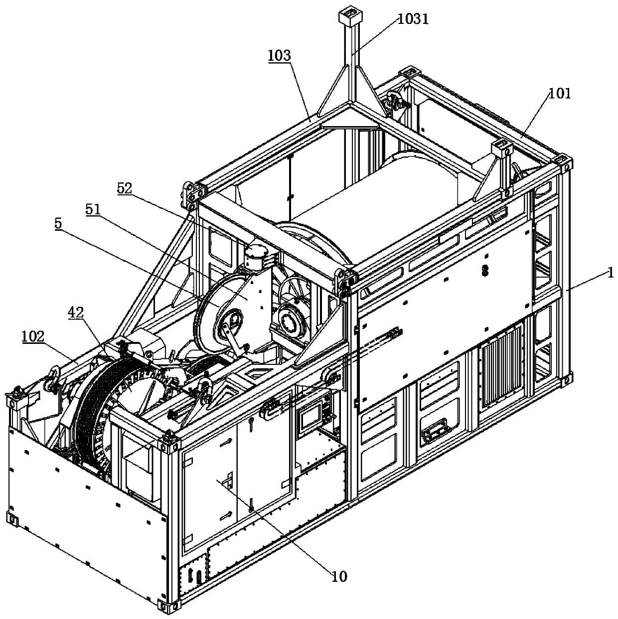 Integrated type traction winch system for container framework