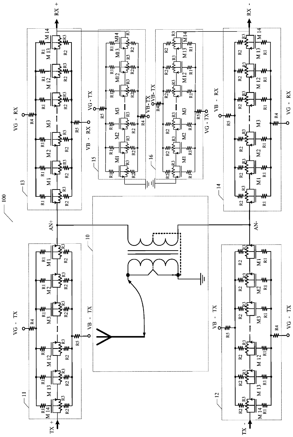 Differential transceiver RF switch and RF terminal