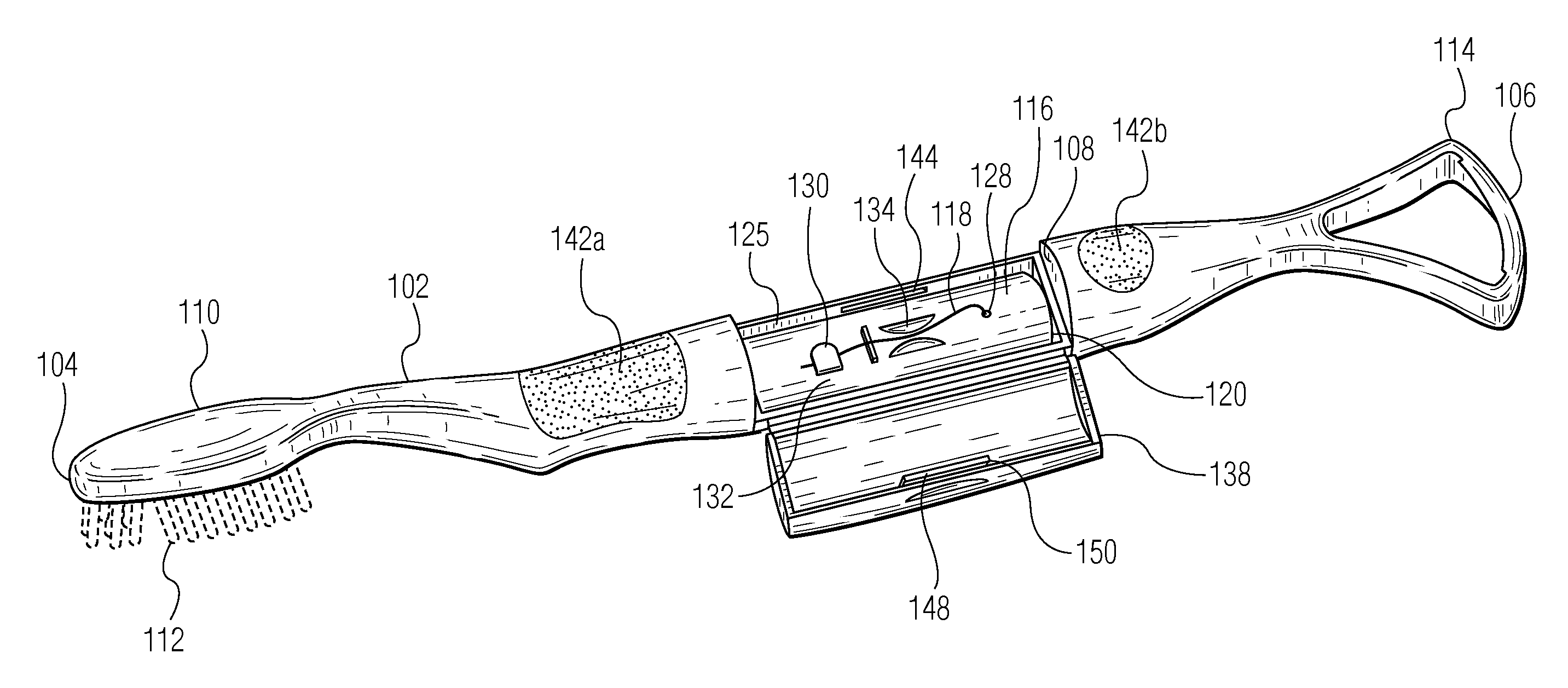 Combination Toothbrush, Floss Dispenser and Tongue Scraper