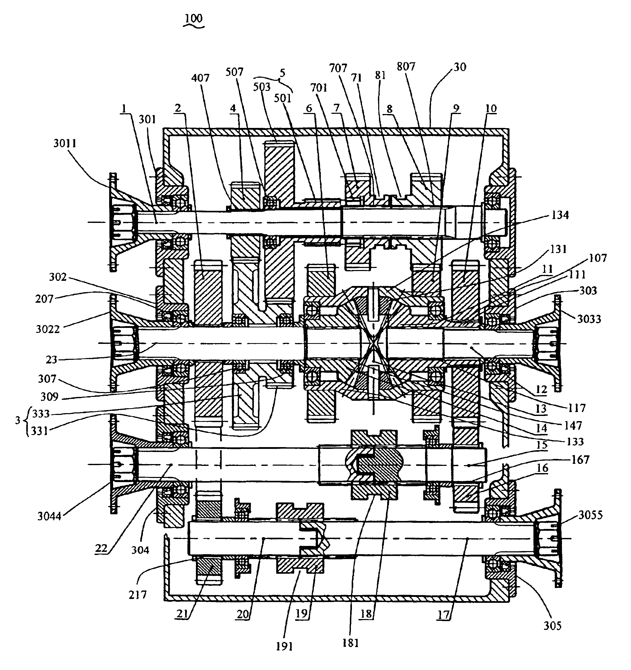 Transmission mechanism with a single differential mechanism for driving four wheels