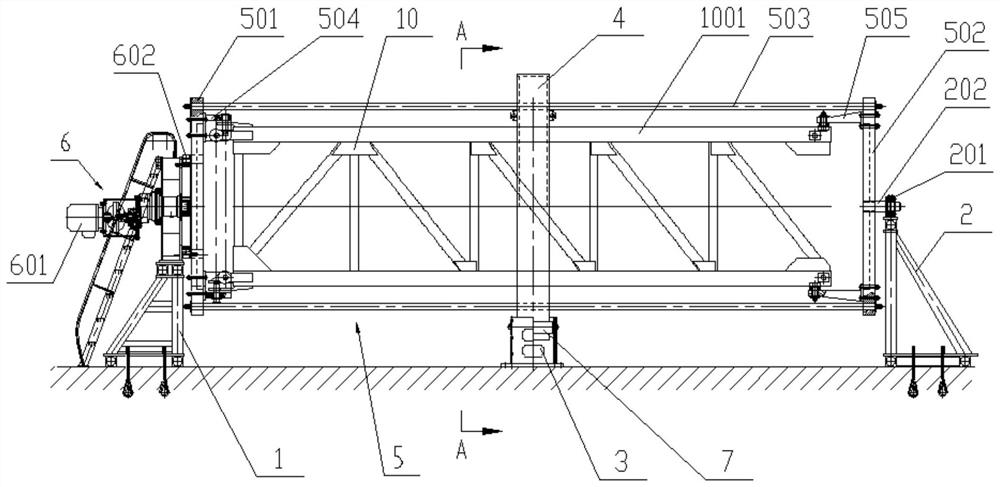 Spin welding device for preventing middle part of tower crane base section from drooping during welding