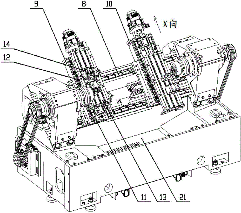 Oblique lathe bed double-spindle and double-row-tool numerical control lathe capable of achieving automatic feeding and discharging inside