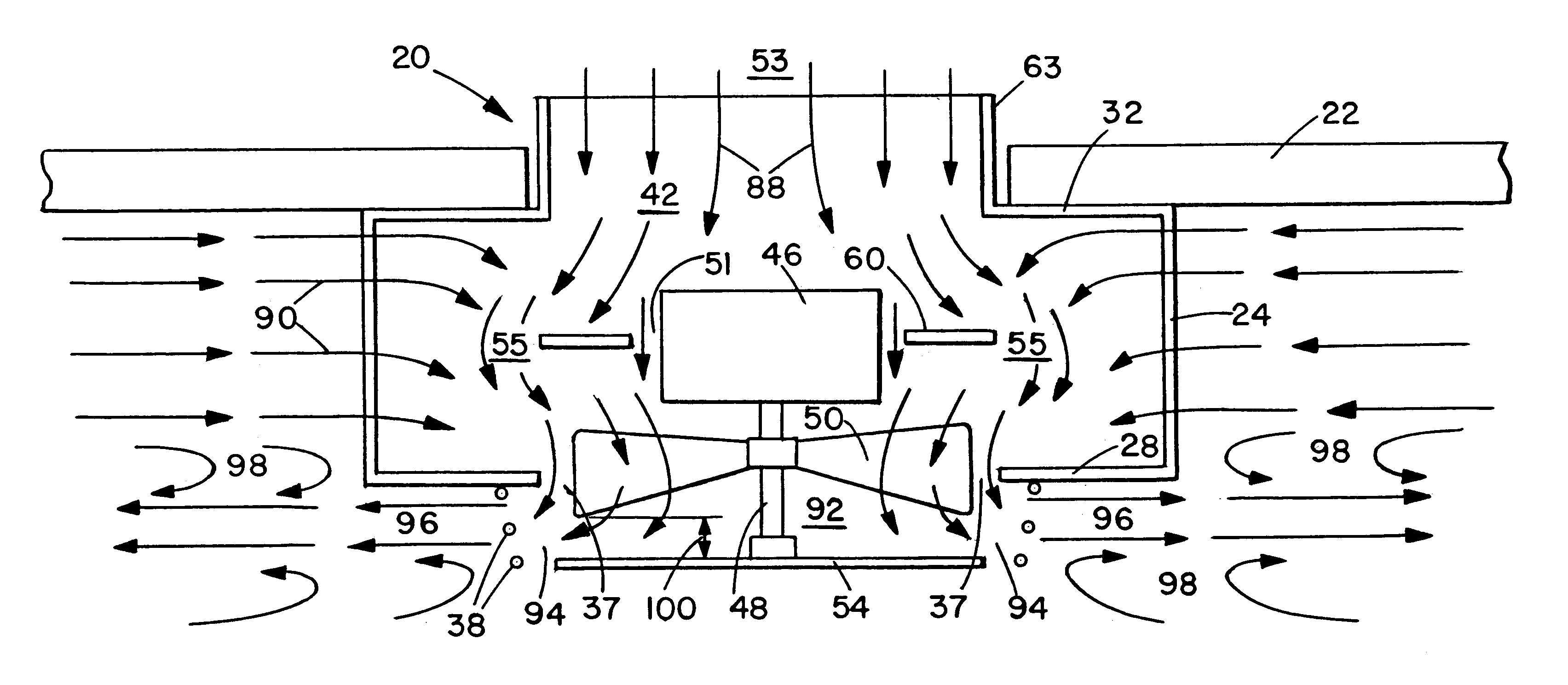 Recirculating air mixer and fan with lateral air flow