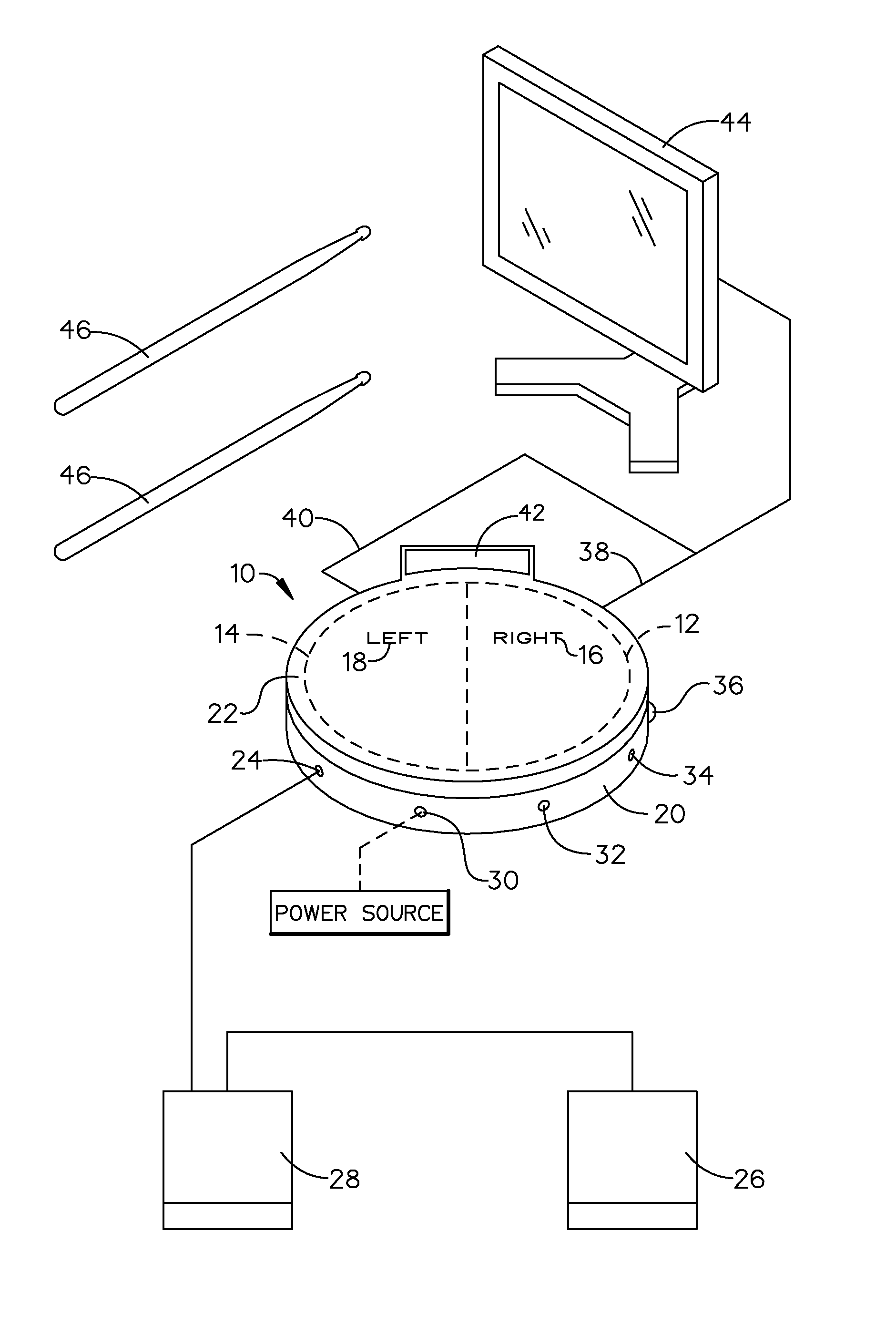 Electronic percussion device for determining separate right and left hand actions