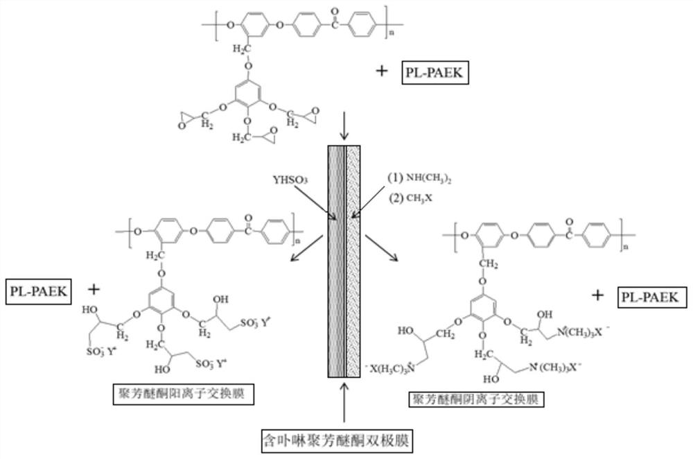 Preparation method of monolithic polyaryletherketone bipolar membrane containing porphyrin catalytic group in side group