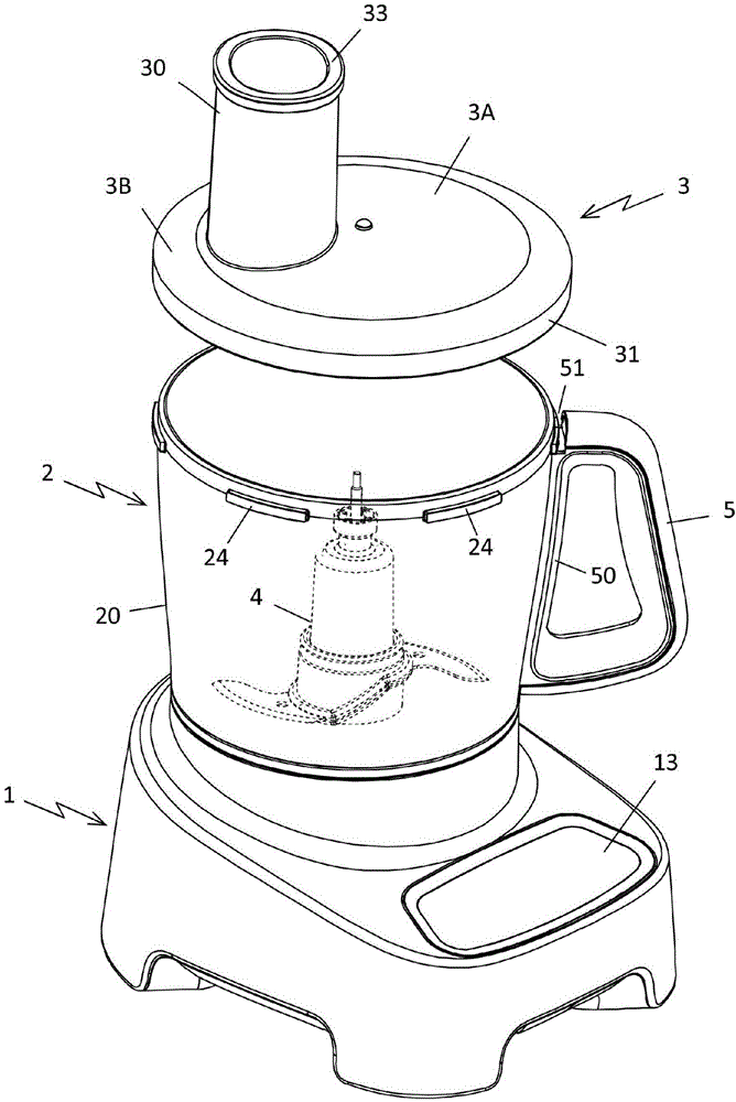 Household electrical appliance for food preparation comprising a container closed by a removable cover engaging with a safety device