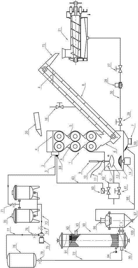 Fluid licorice extract extracting device provided with feeding machine and spiral squeezing dewatering machine