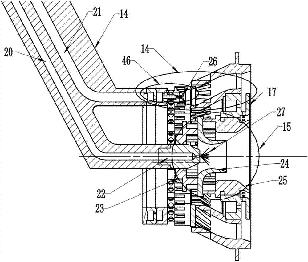 Premixing pre-evaporation low-pollution combustion chamber with multi-point axial double-stage air auxiliary atomizing nozzle main combustion stage