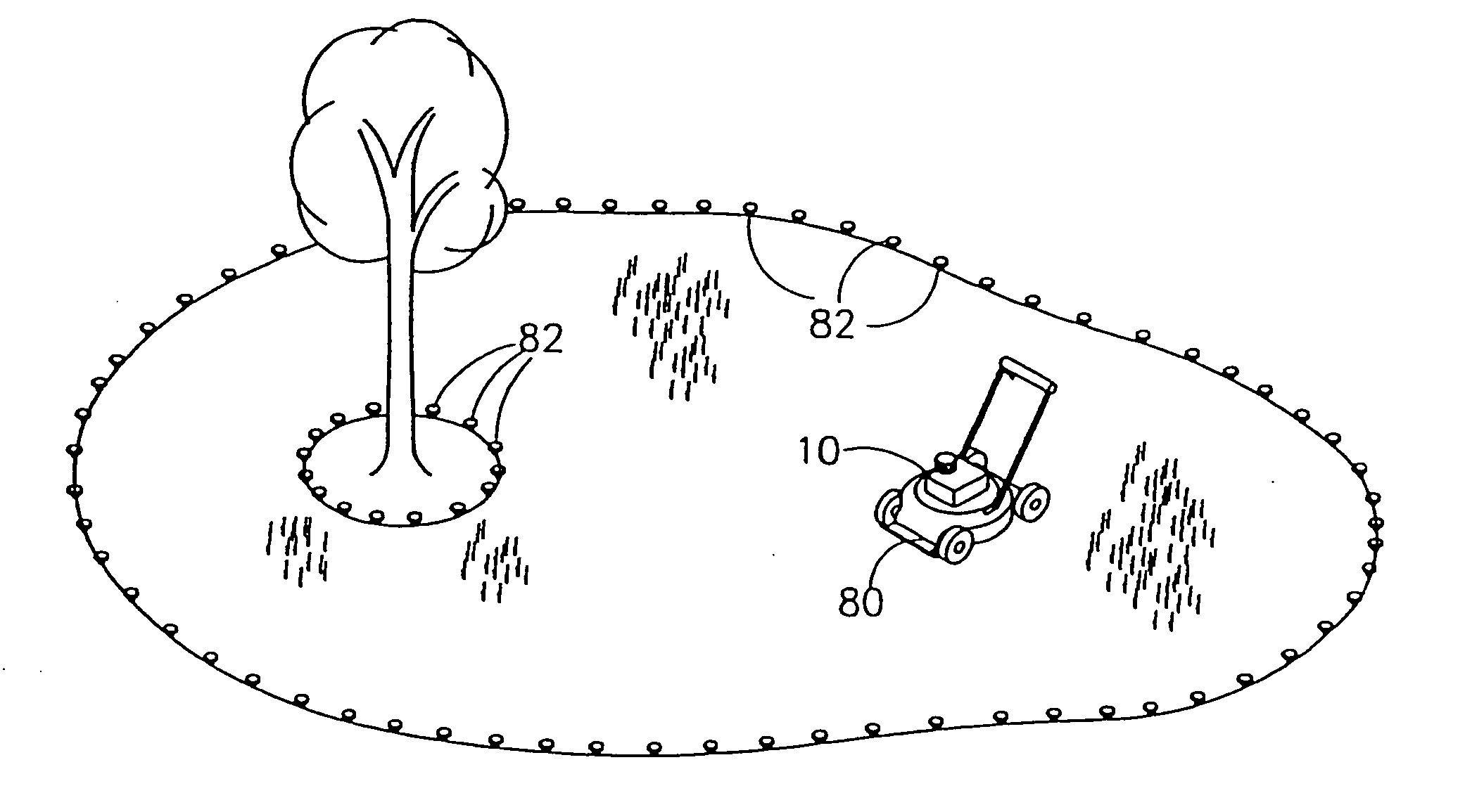 Navigation method and system for autonomous machines with markers defining the working area