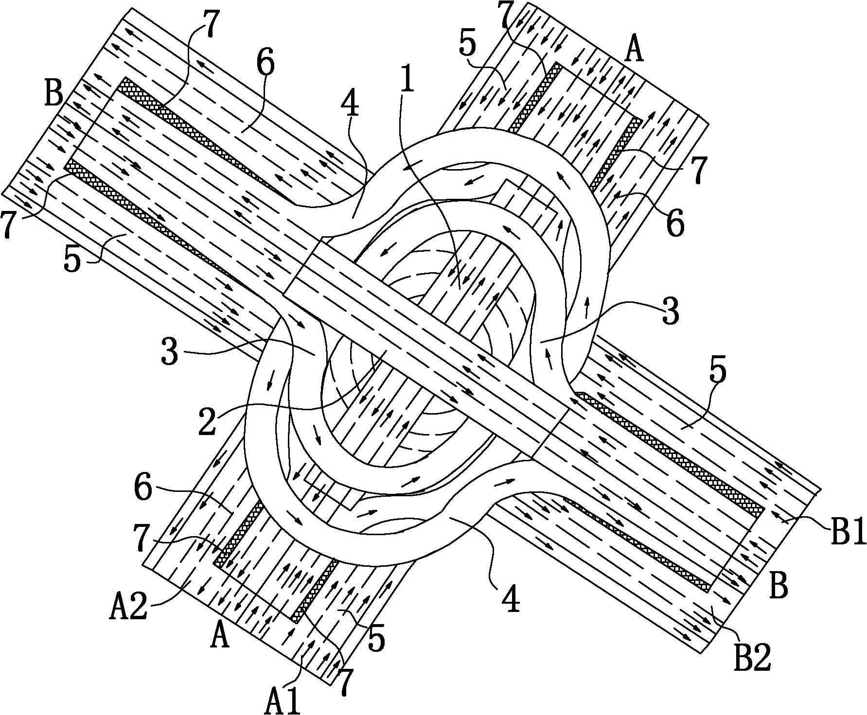 Bird nest intercommunicating flyover for full-time full-directional passing at road intersection