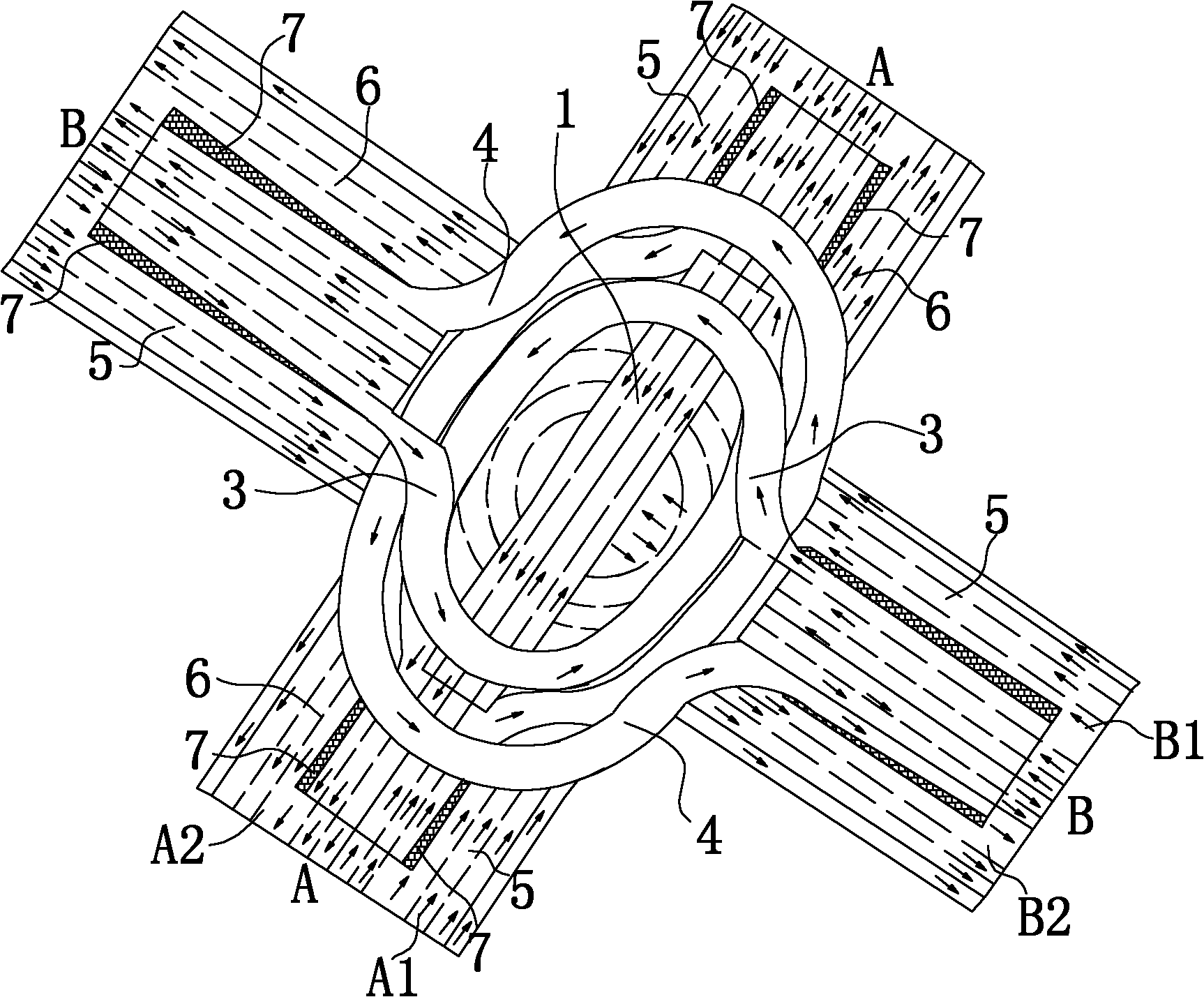 Bird nest intercommunicating flyover for full-time full-directional passing at road intersection