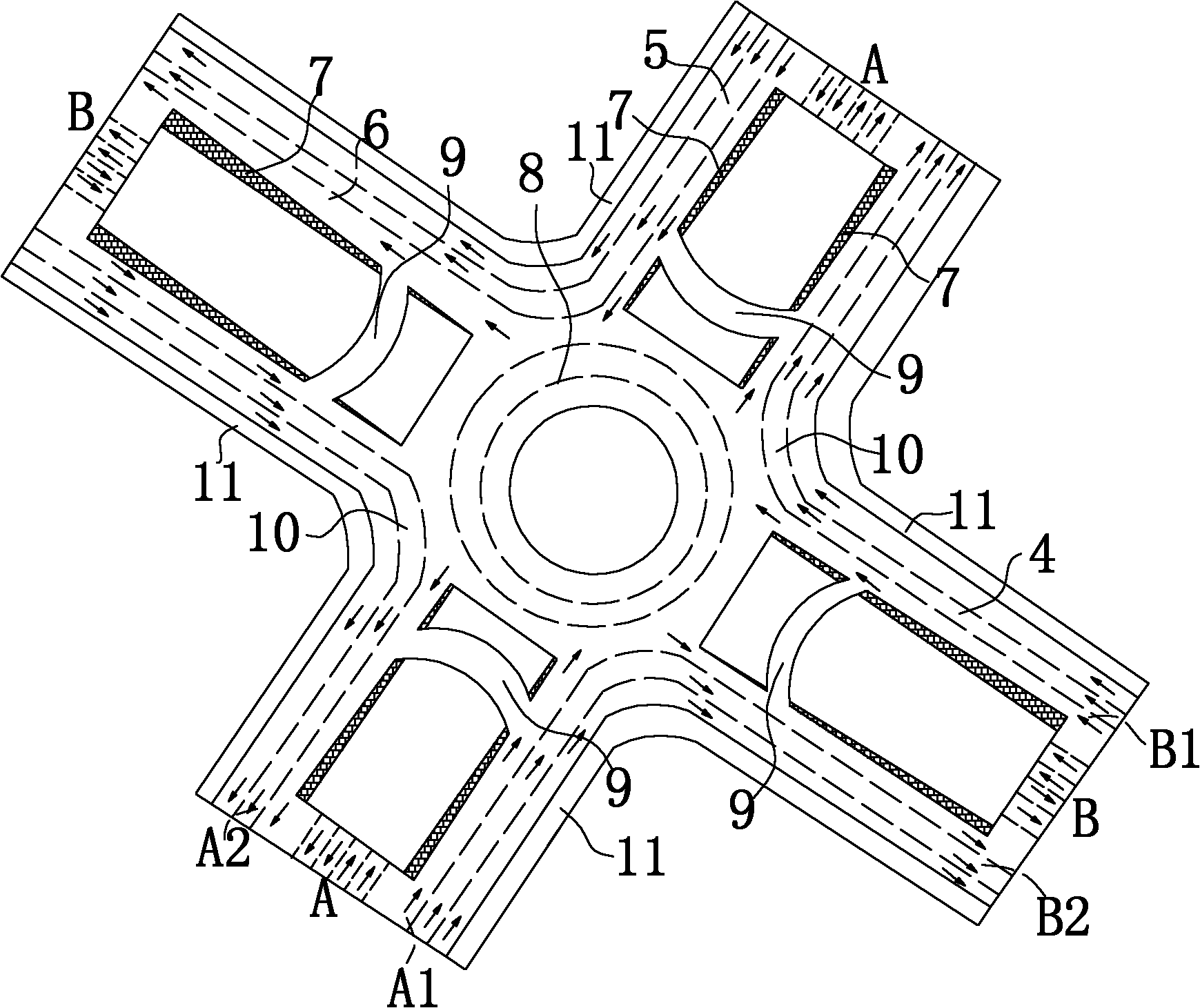 Bird nest intercommunicating flyover for full-time full-directional passing at road intersection