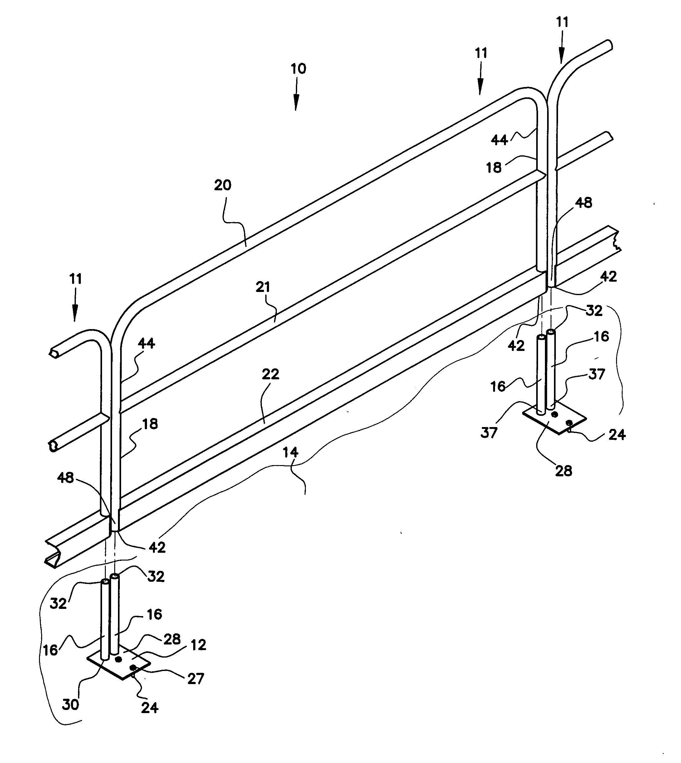 Metal safety rail for open floors of a building under construction