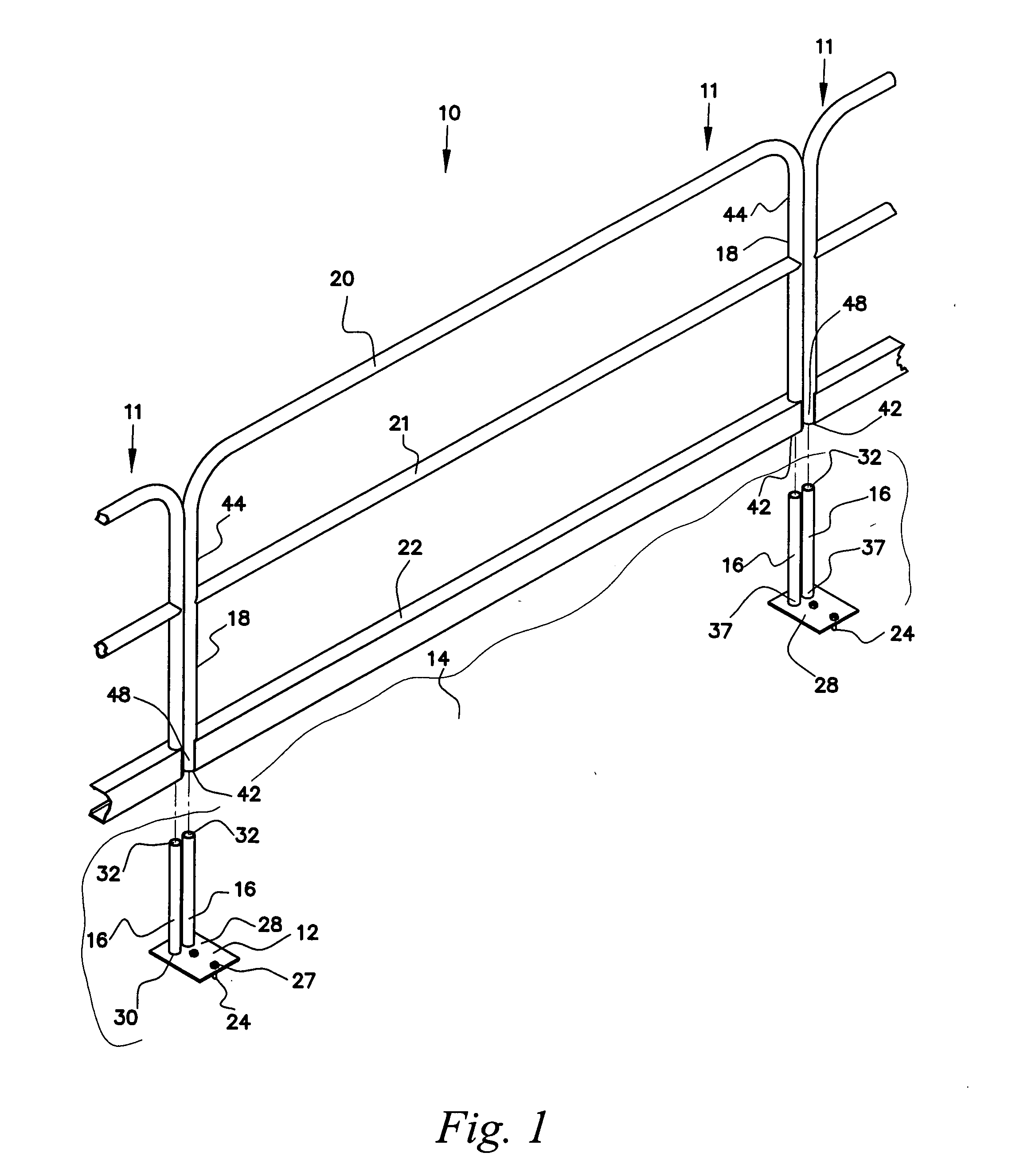 Metal safety rail for open floors of a building under construction