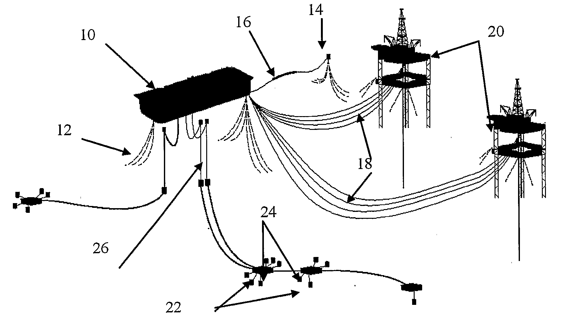 Monitoring system for pipelines or risers in floating production installations