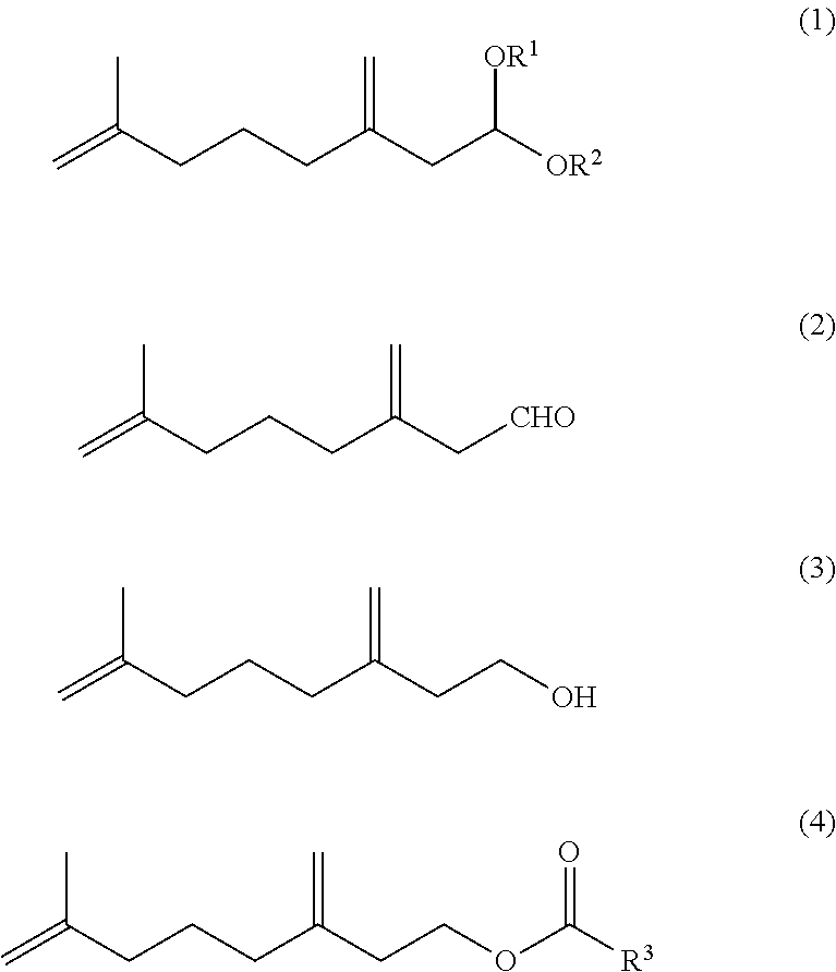 7-methyl-3-methylene-7-octenal acetal compound and methods for producing aldehyde compound and ester compound using the same