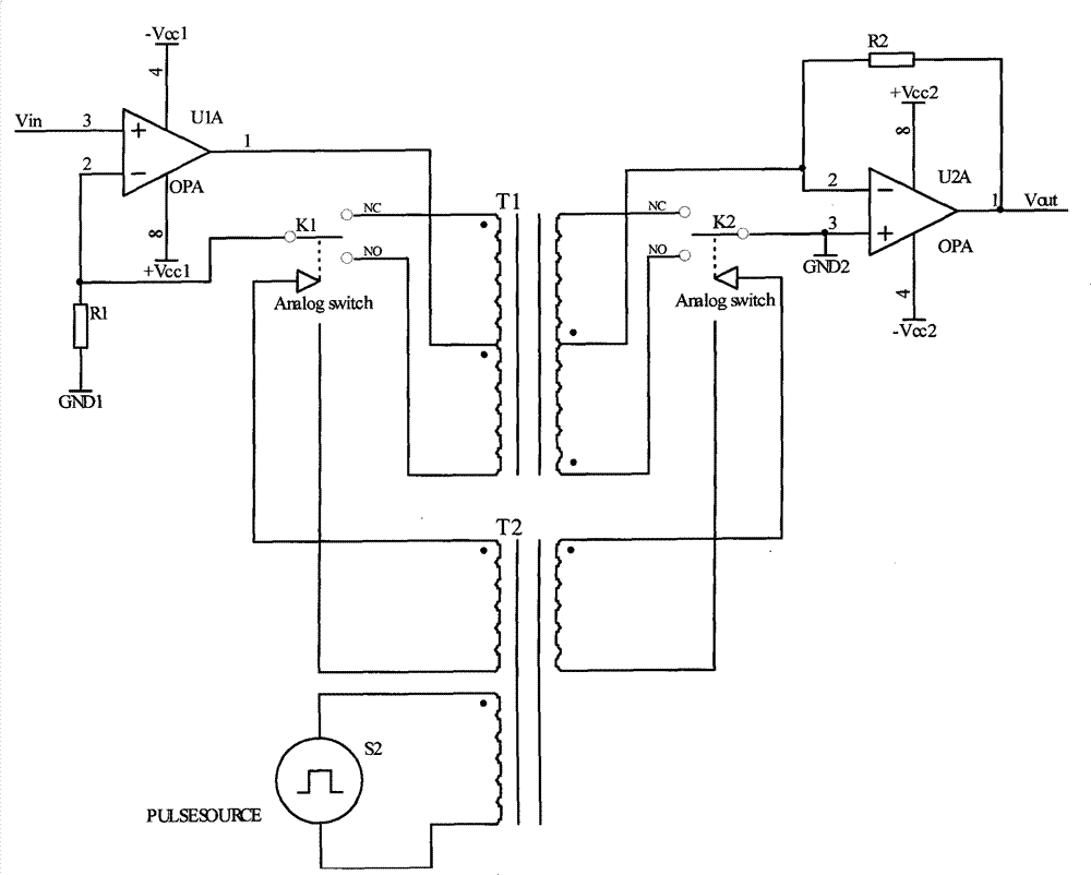 Method for isolation and conversion of direct current positive and negative signals and circuit thereof