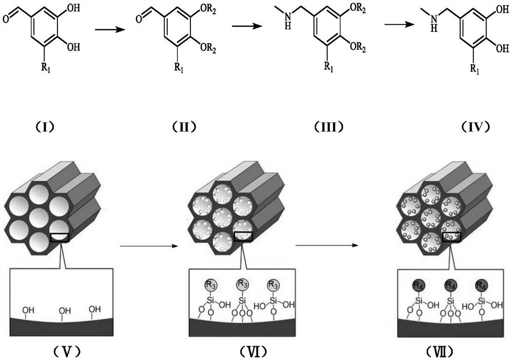 Catechol-modified mesoporous silicon adsorbent, preparation method and use thereof