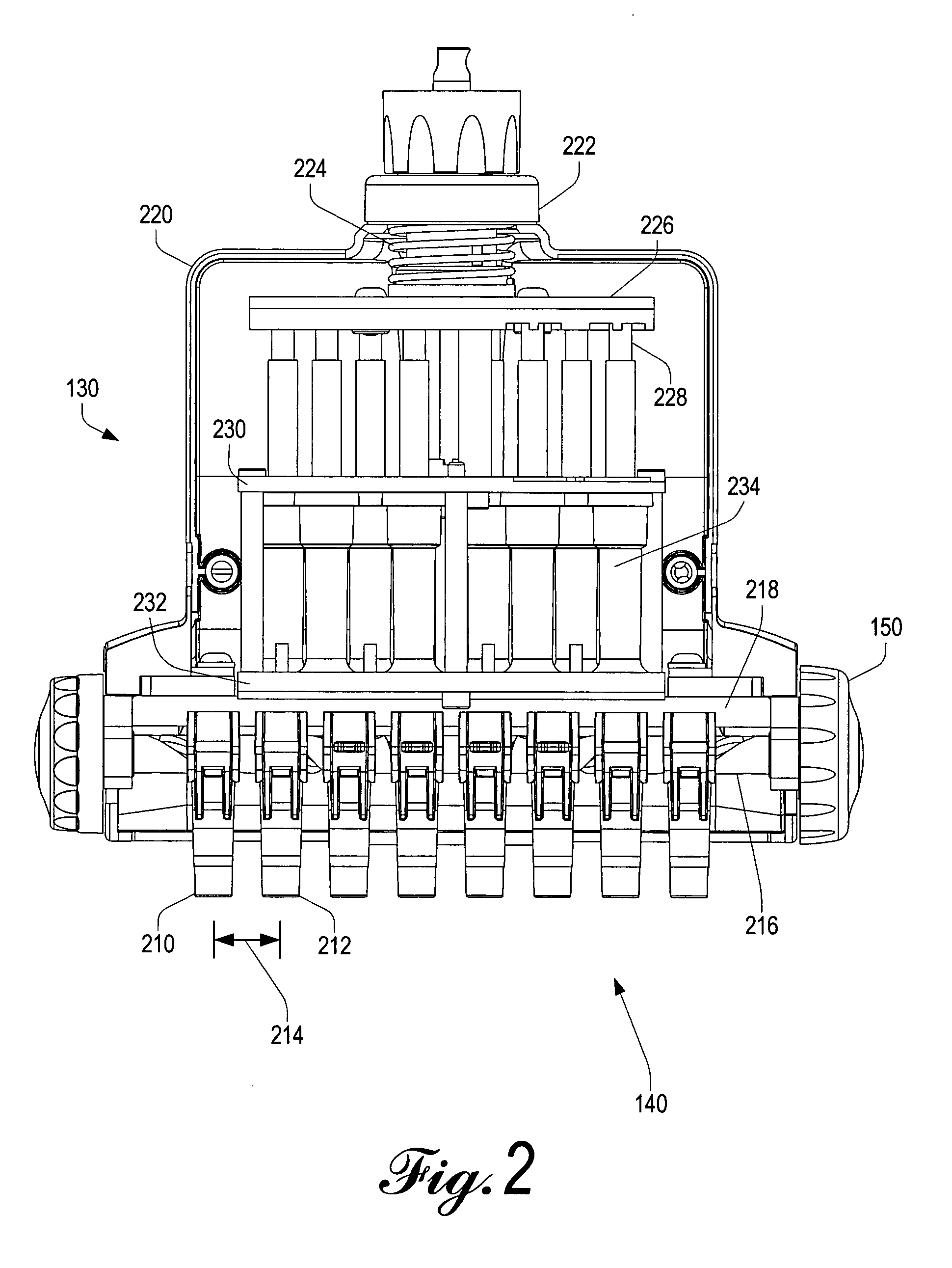 Liquid end assembly for a handheld multichannel pipette with adjustable nozzle spacing