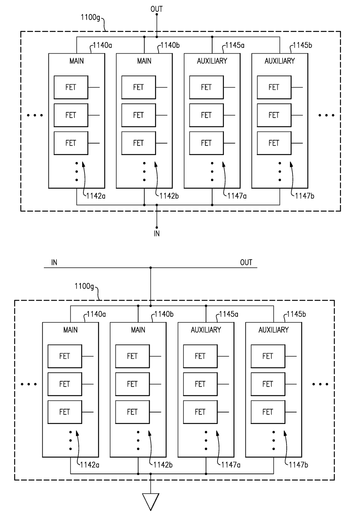 Stacked auxiliary field-effect transistors with buffers for radio frequency applications