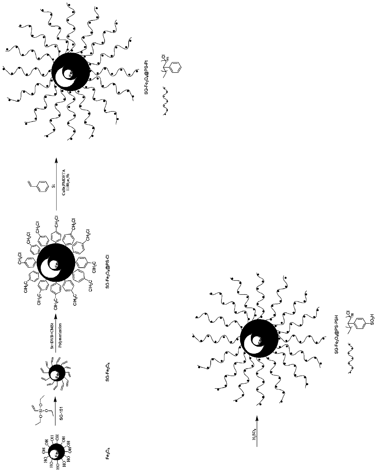 Preparation method and application of magnetic sulfonated polystyrene molecular brush