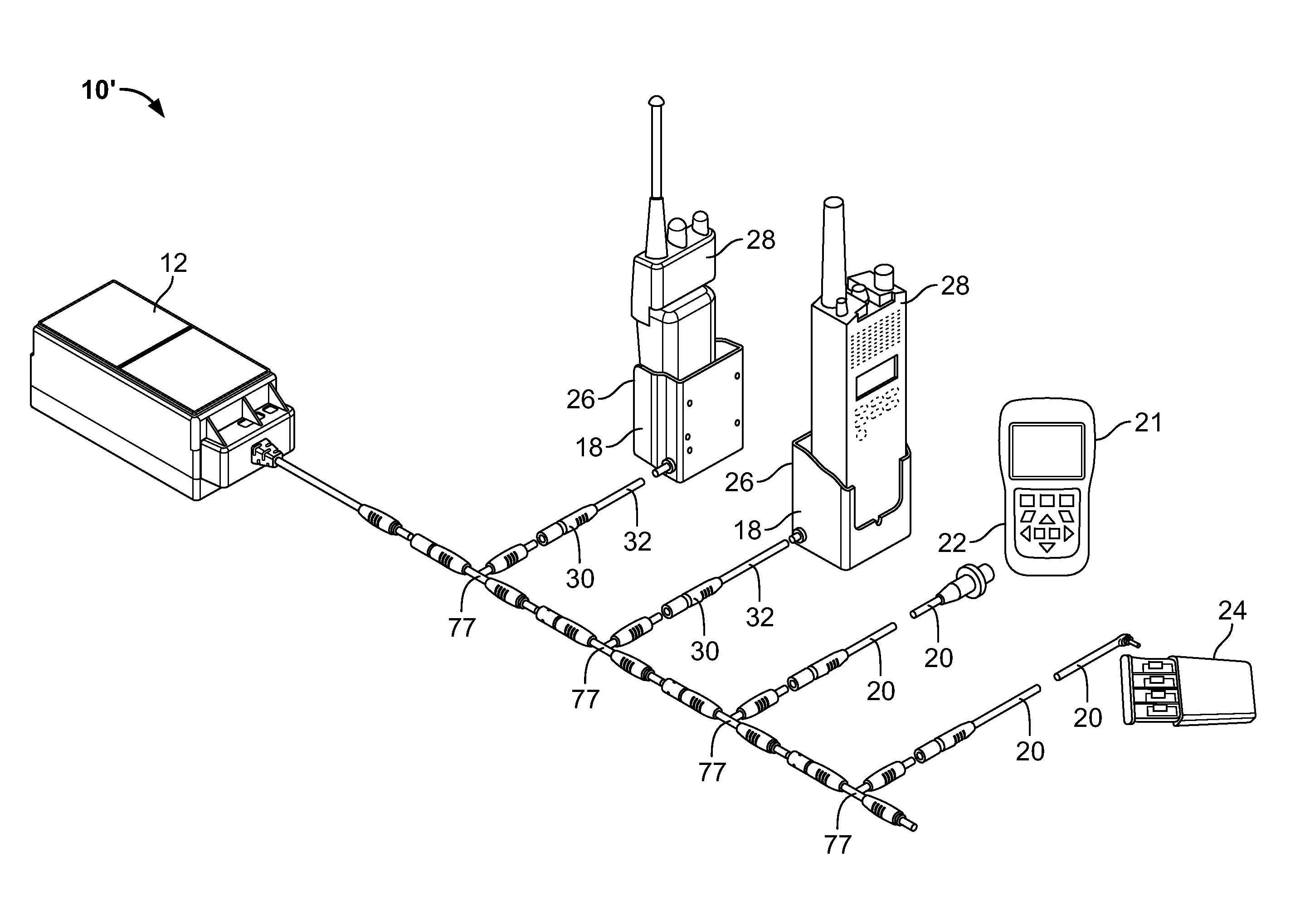 Lightweight power system for continuously charging multiple battery powered devices carried by a dismounted soldier