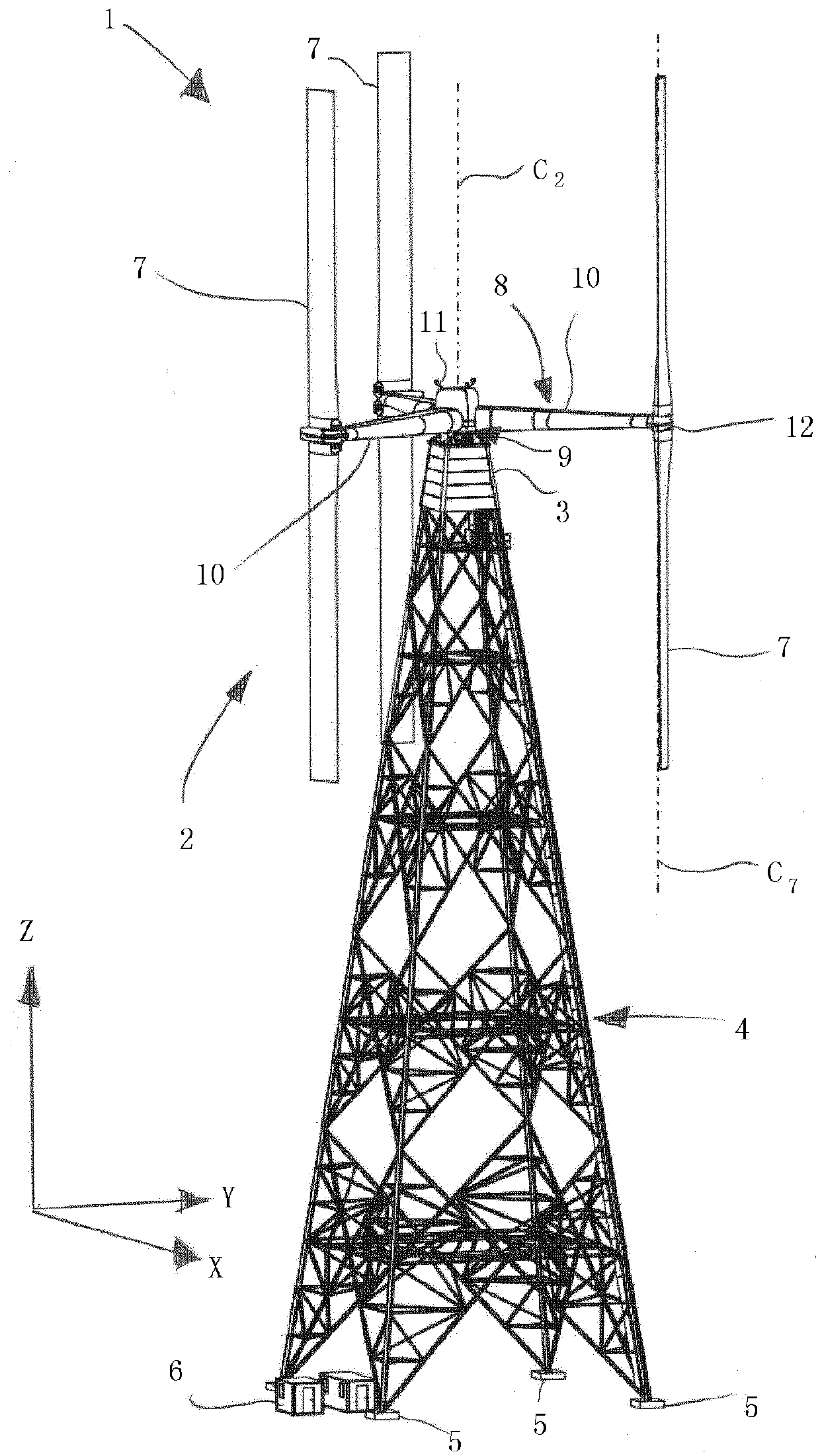 Vertical wind turbine comprising pitch motor with protruding rotor blades, kit for same, and method for operating same