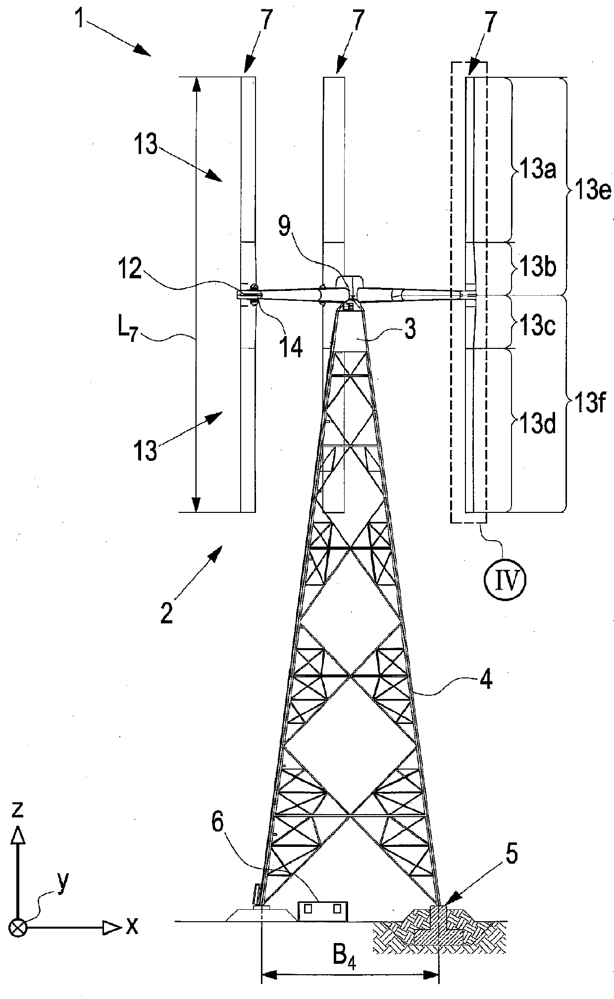 Vertical wind turbine comprising pitch motor with protruding rotor blades, kit for same, and method for operating same