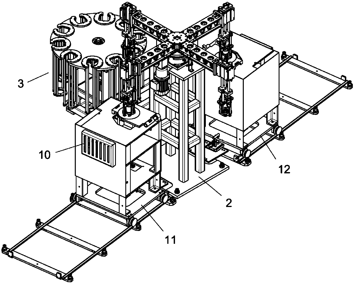 Workpiece conveying, stacking and storing device