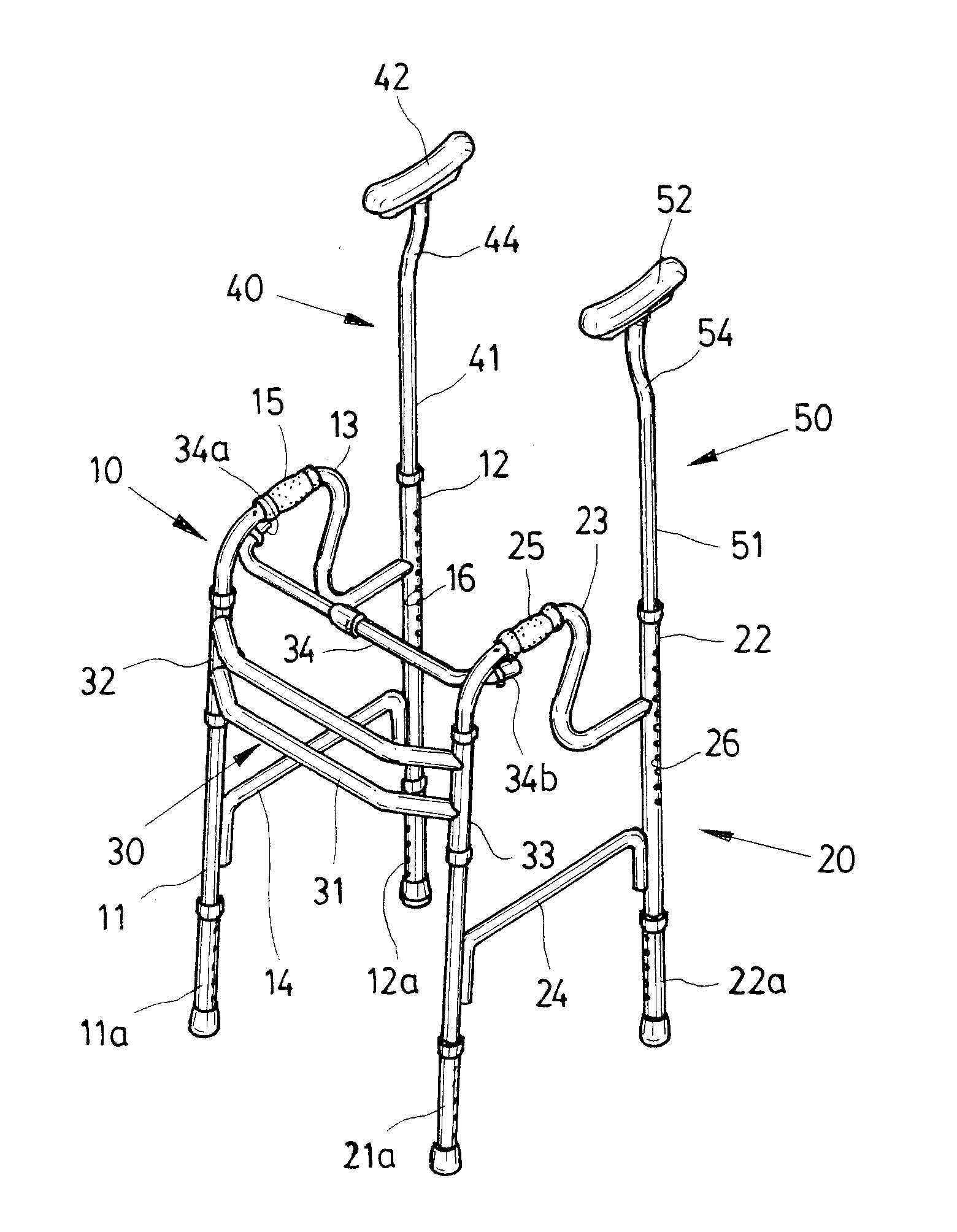 Folding walker with height adjustable crutches