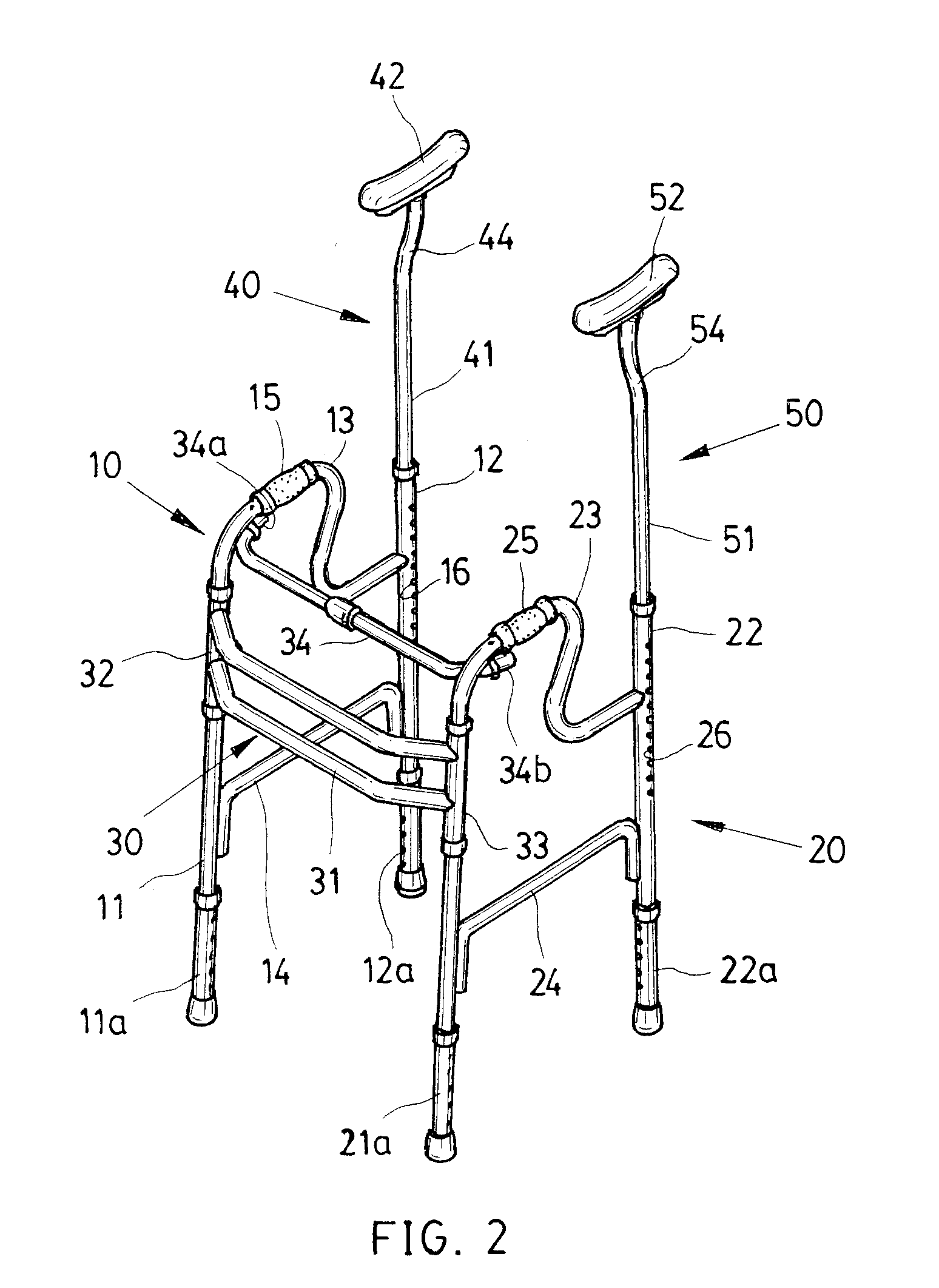 Folding walker with height adjustable crutches