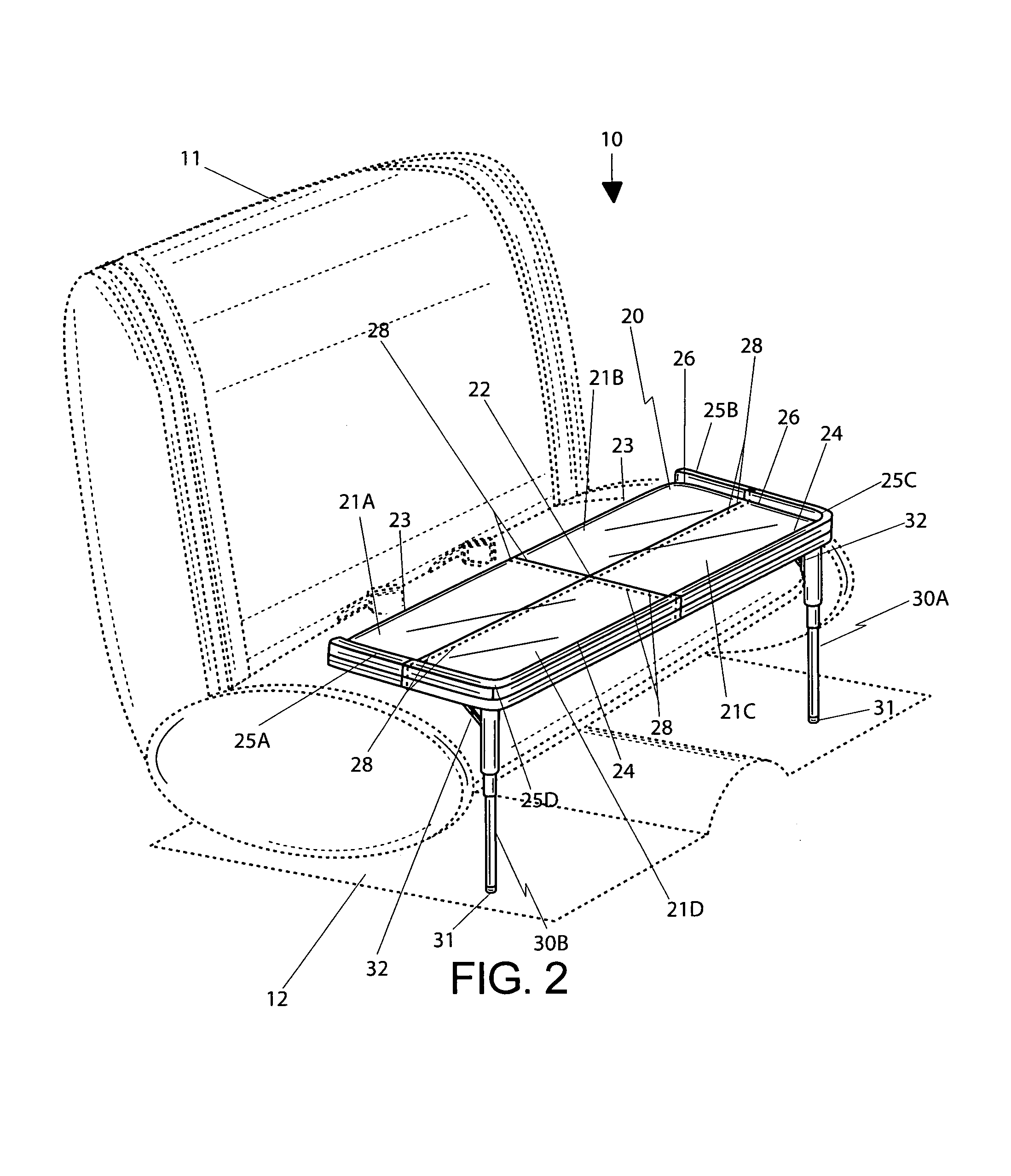 Two-legged table for vehicles