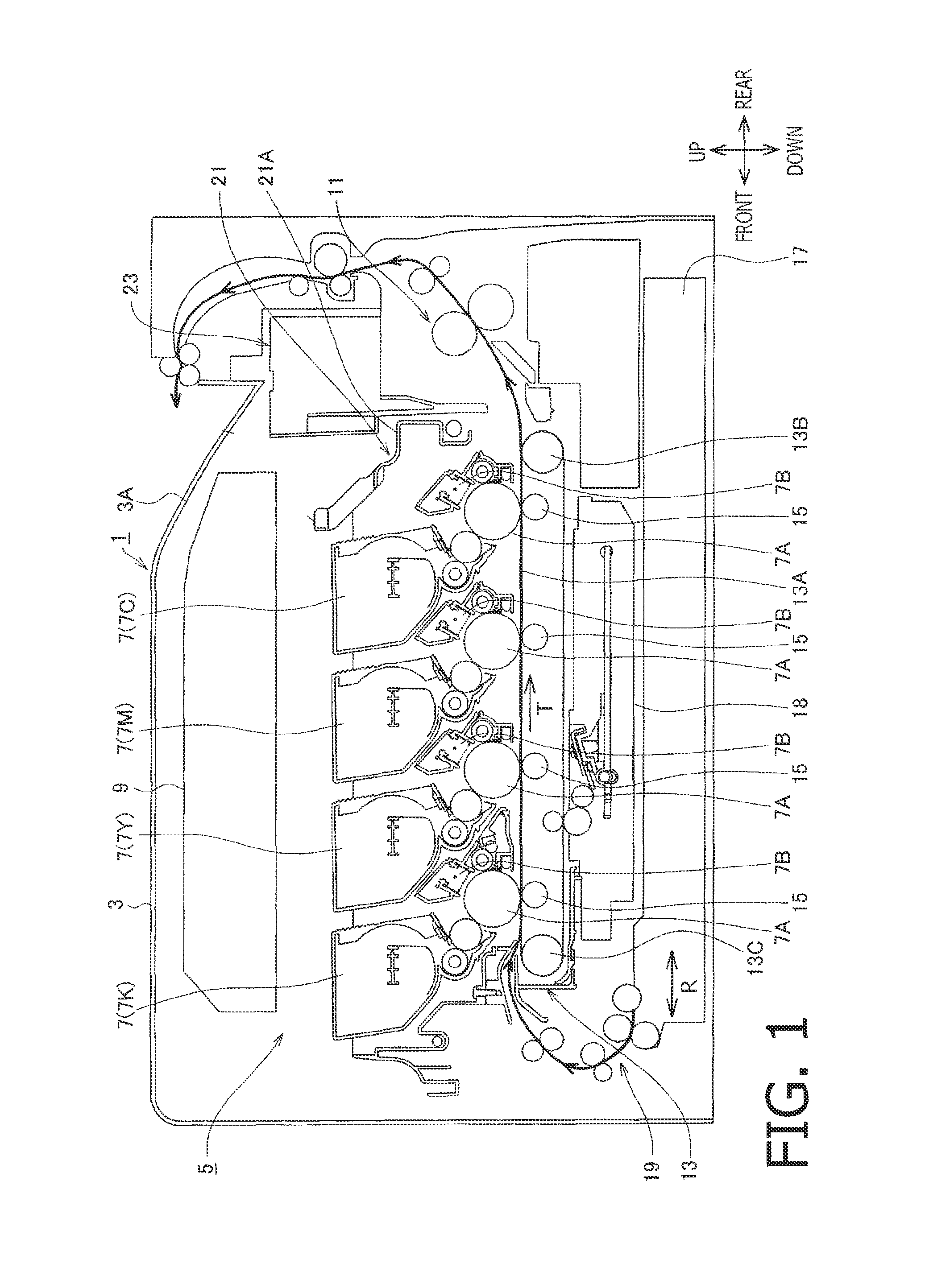 Image formation device having first frame for supporting image formation unit and second frame of lower flexure rigidity