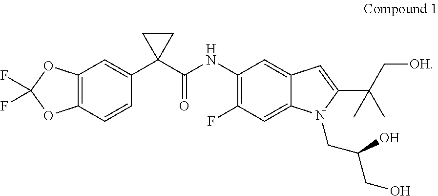 Formulations of (R)-1-(2,2-difluorobenzo[D] [1,3] dioxol-5-yl)-N-(1-(2,3-dihydroxypropyl)-6-fluoro-2-(1-hydroxy-2-methylpropan-2-yl)-1H-indol-5-yl)cyclopropanecarboxamide