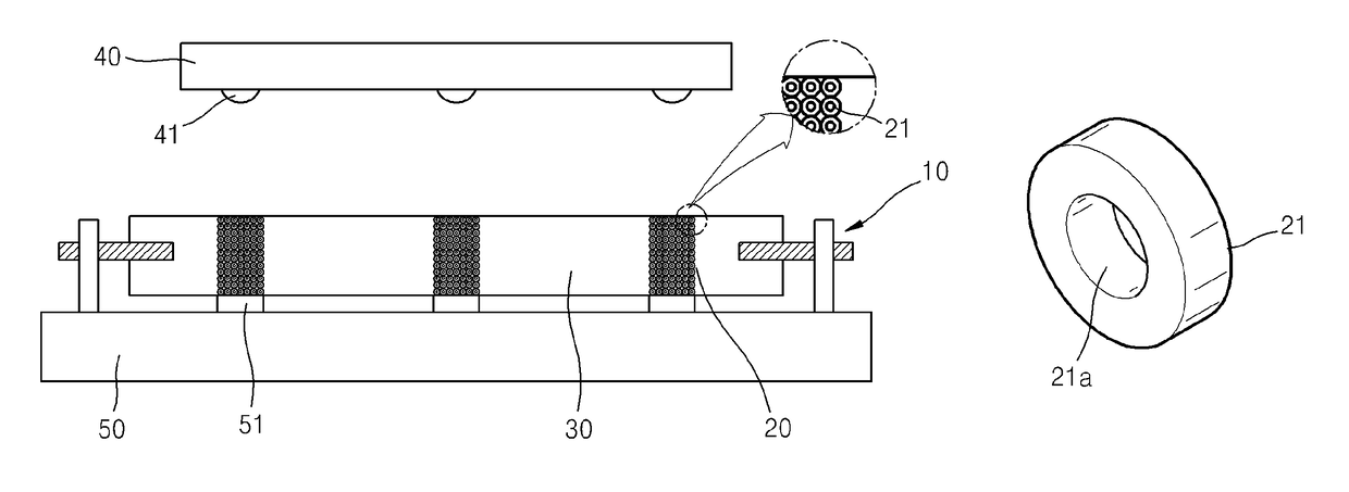 Test socket including conductive particles in which through-holes are formed and method for manufacturing same