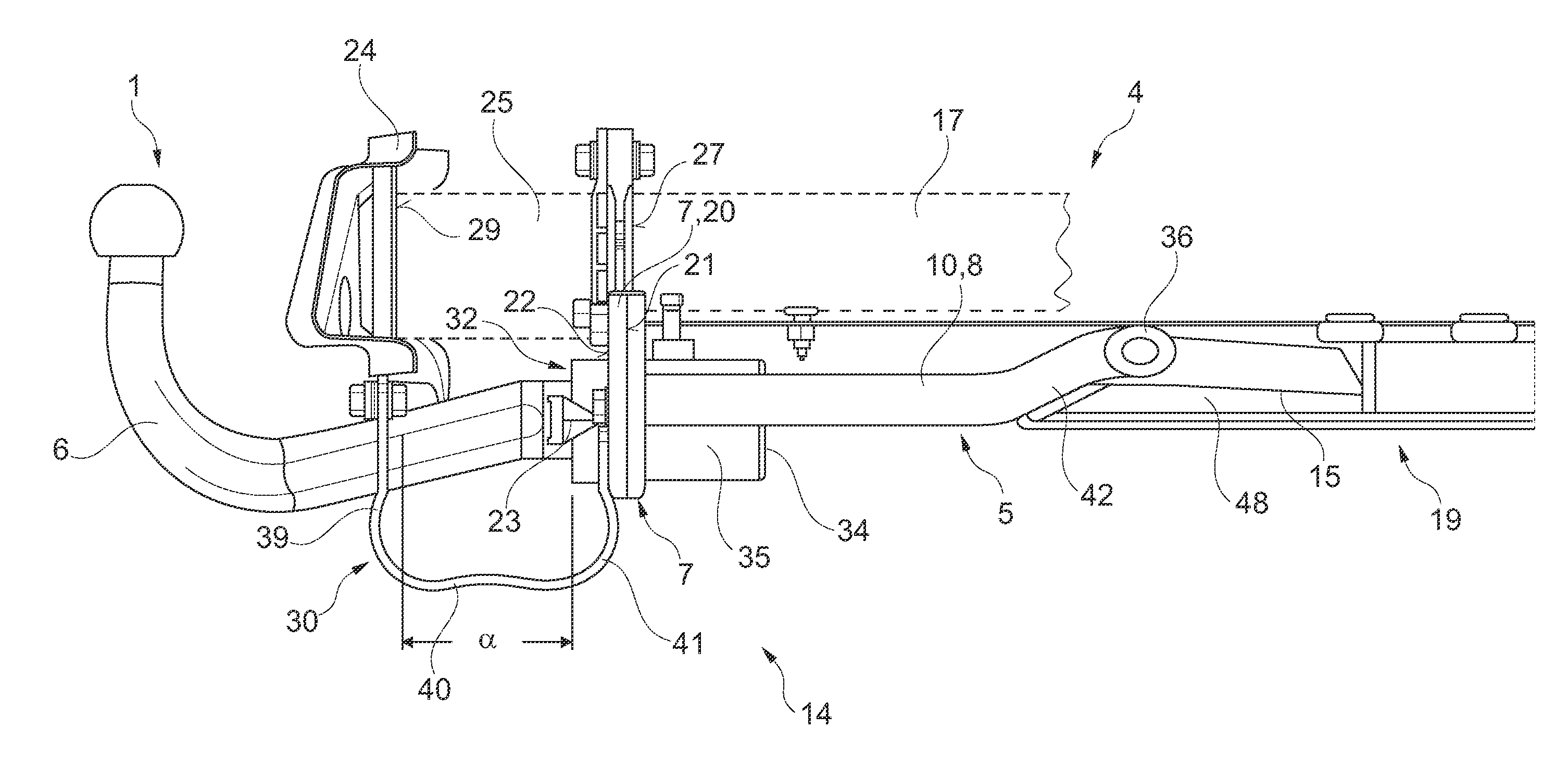 Trailer towing device of a passenger car