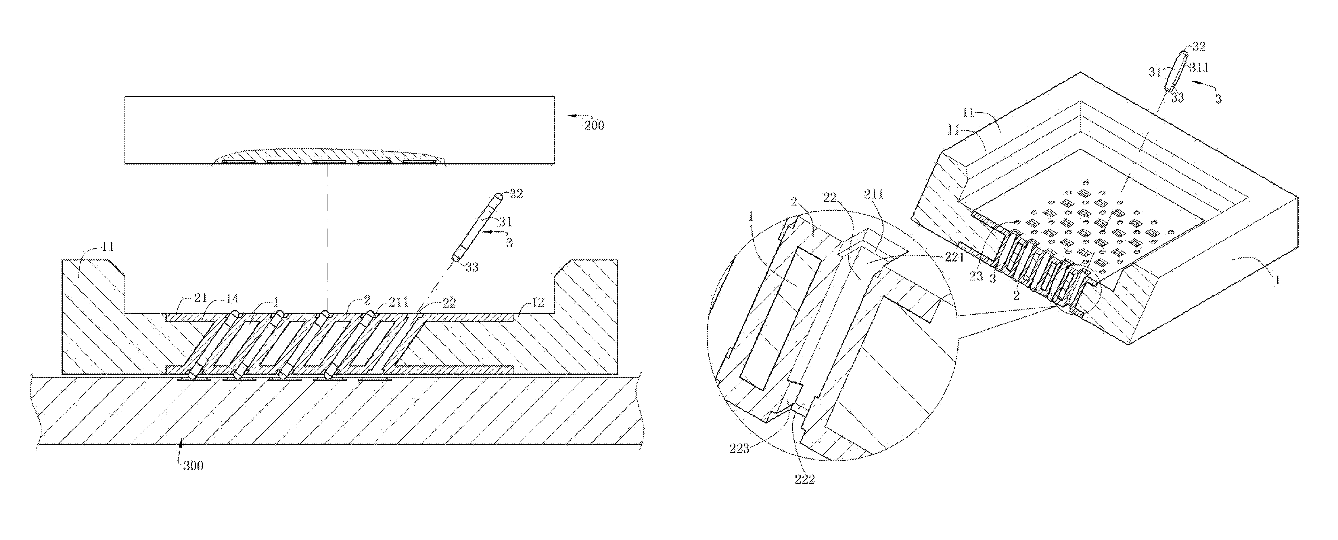 Electrical connector with a plurality of contacts recived in a plurality of slots in a plurality of elastic bodies integrally formed with an insulating body