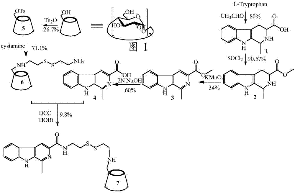 Redox-responsive cyclodextrin-modified 1-methyl-beta-carboline-3-carboxylic acid conjugate, and preparation method and application thereof