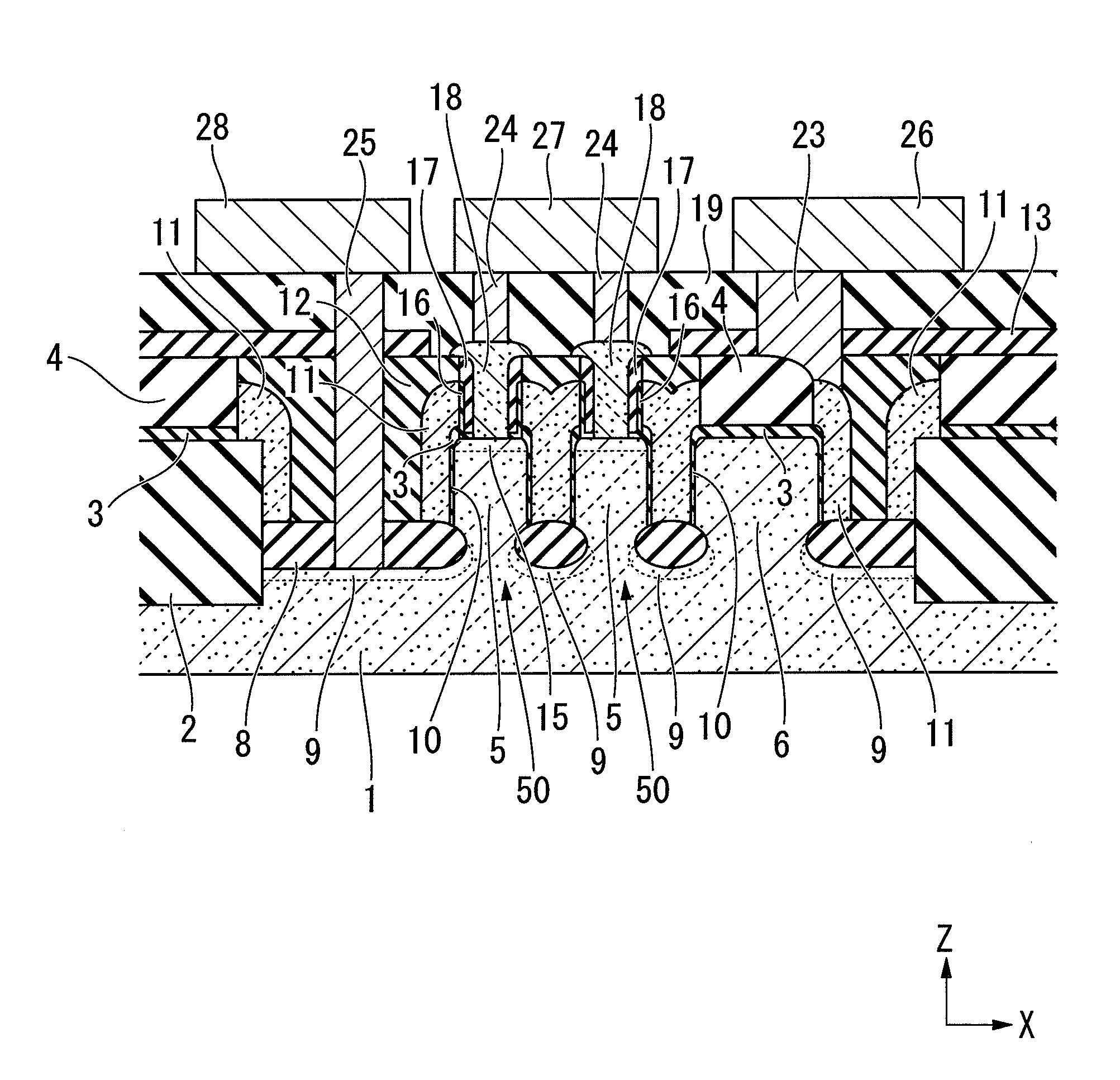 Semiconductor device having vertical surrounding gate transistor structure, method for manufacturing the same, and data processing system