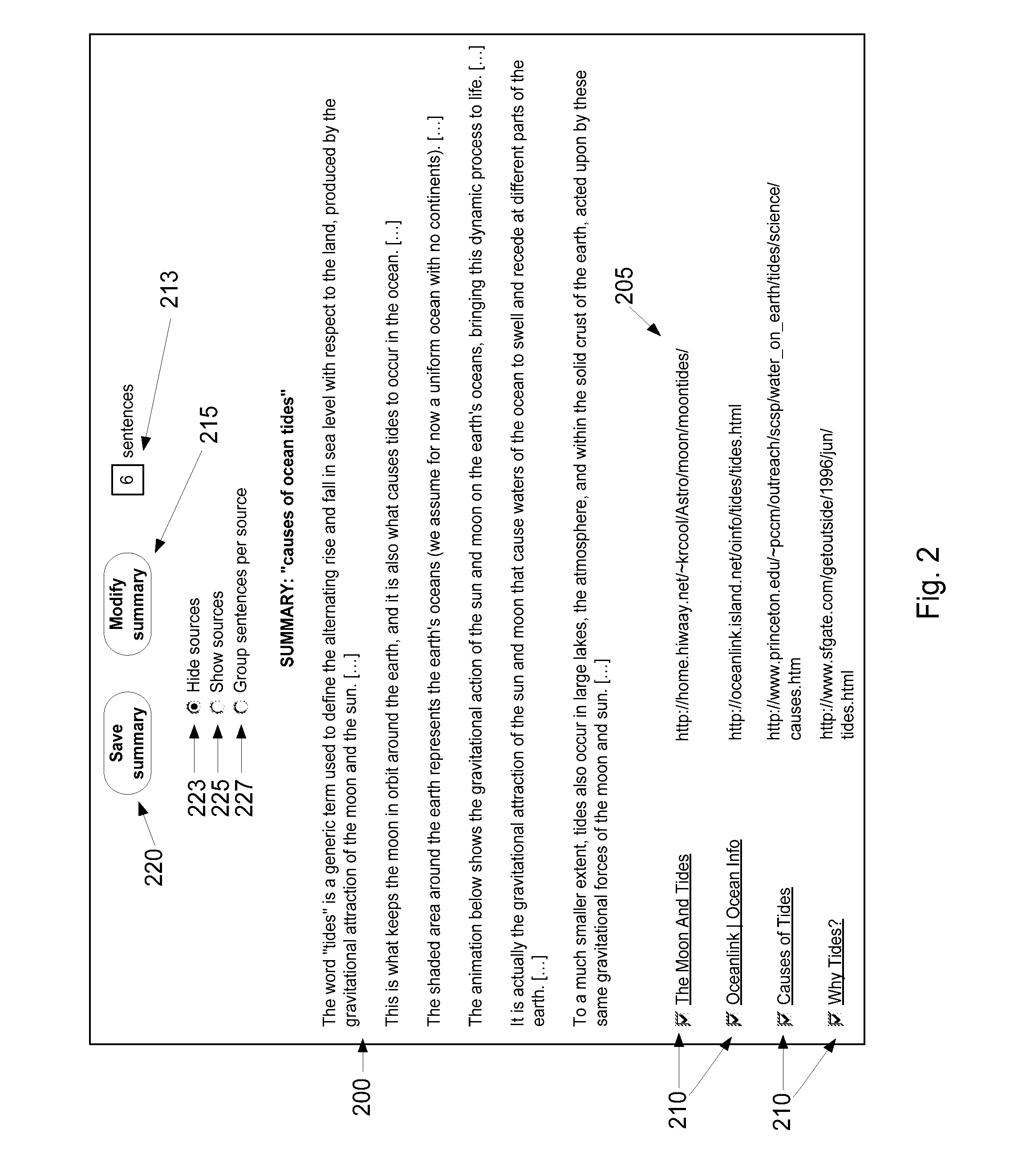 System, method, and user interface for a search engine based on multi-document summarization