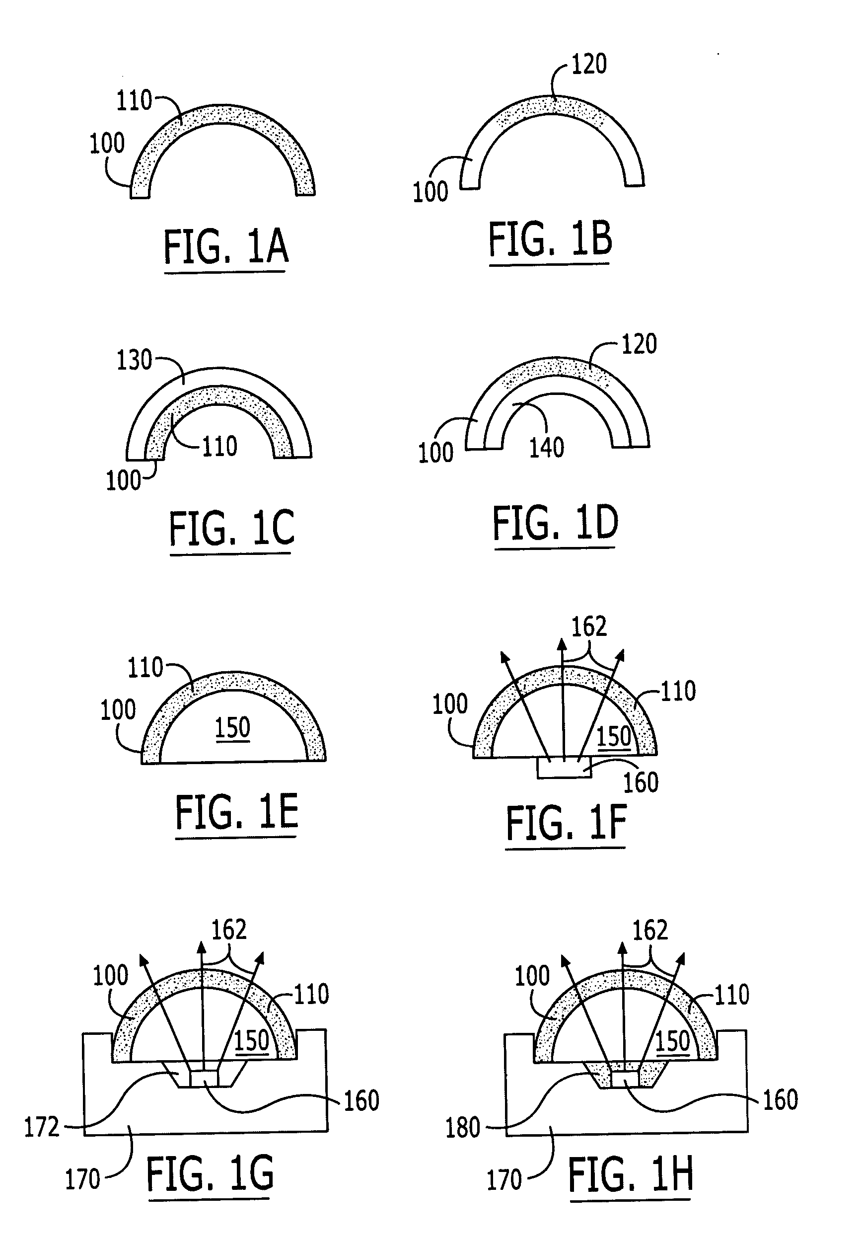 Transmissive optical elements including transparent plastic shell having a phosphor dispersed therein, and methods of fabricating same