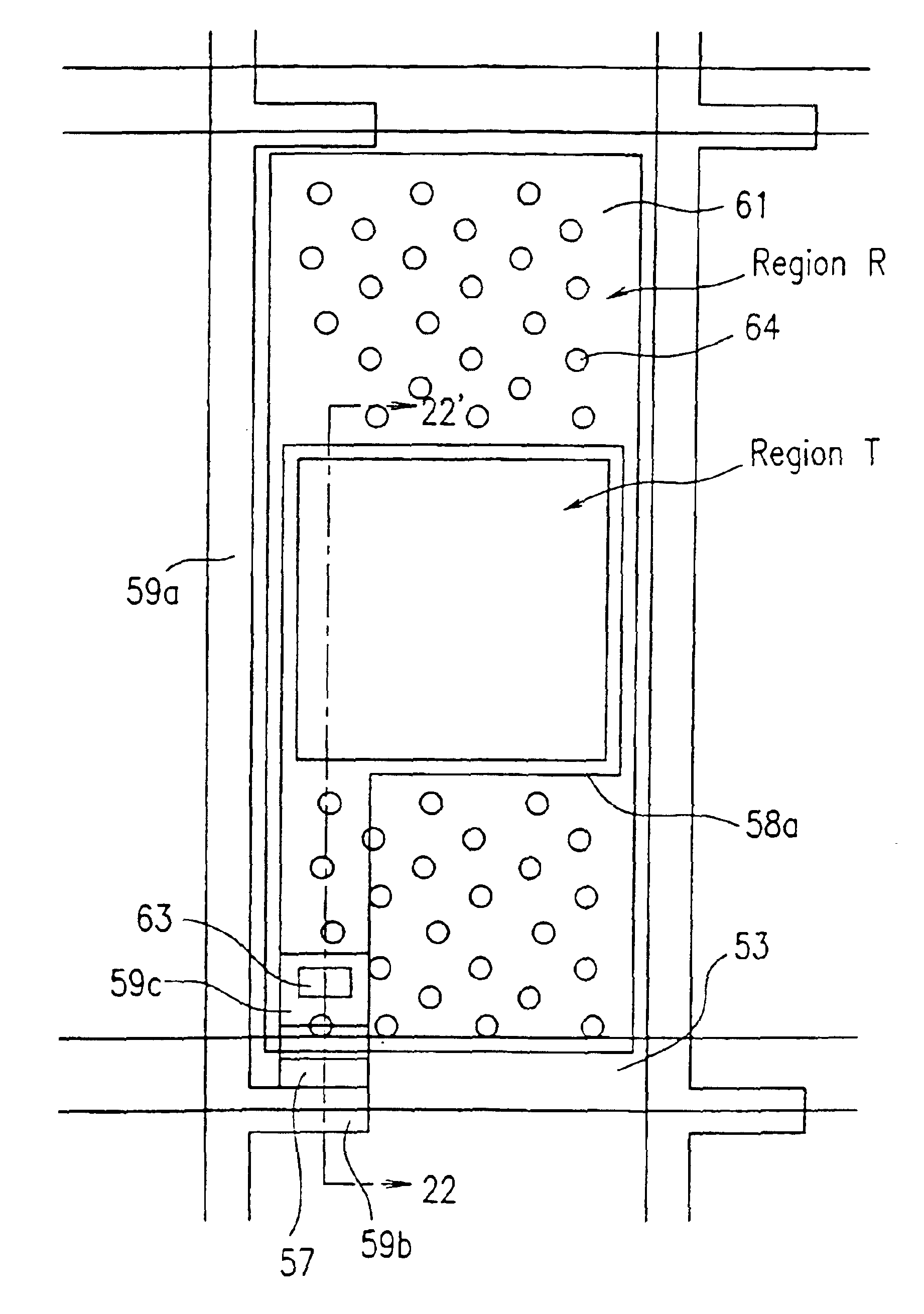 Transflective LCD device having less distance between transmission region and first bus line than transmission region and second bus line