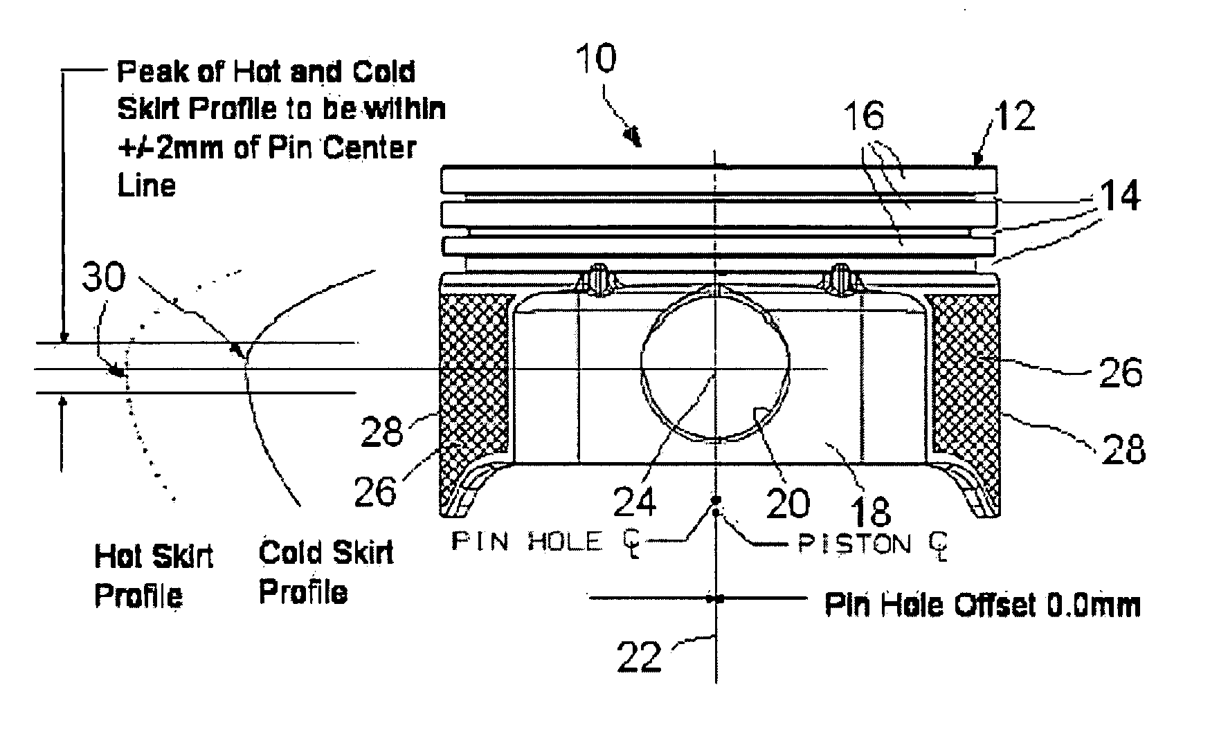 Piston having centered pin hole and skirt profile