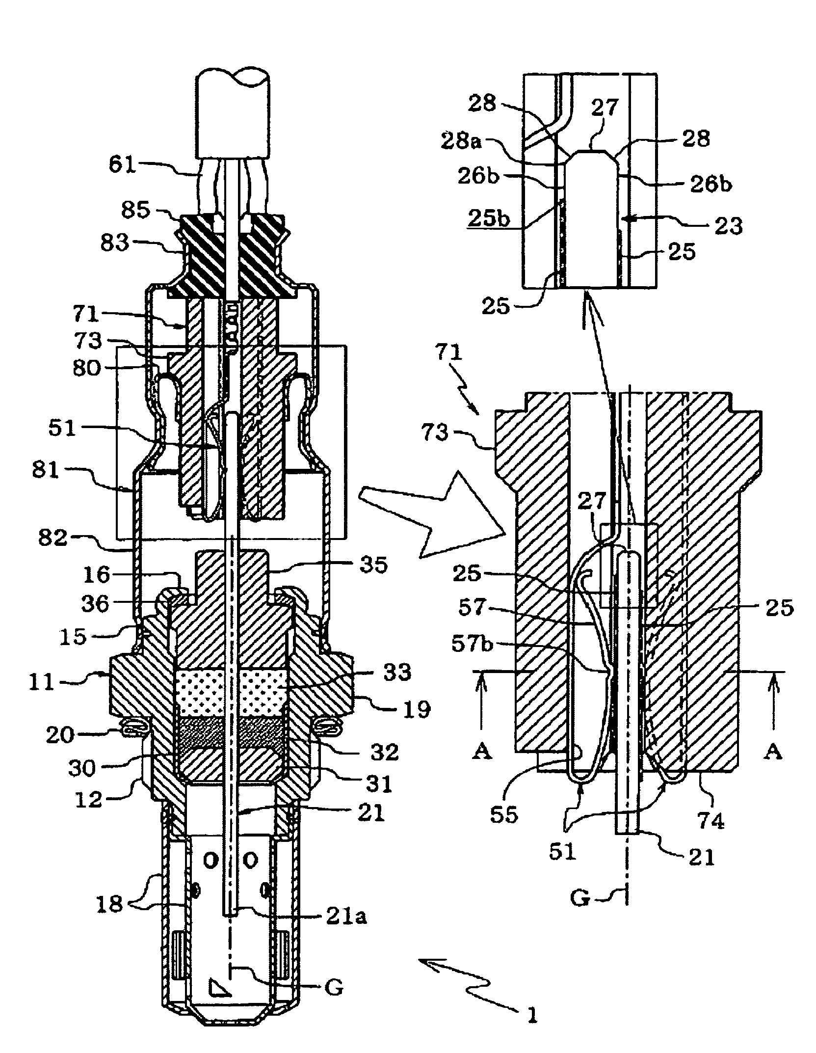 Sensor including a sensor element having electrode terminals spaced apart from a connecting end thereof