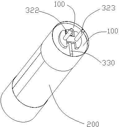 Electrode connecting device of synclastic guide-pin type cylindrical polymer lithium battery, and battery